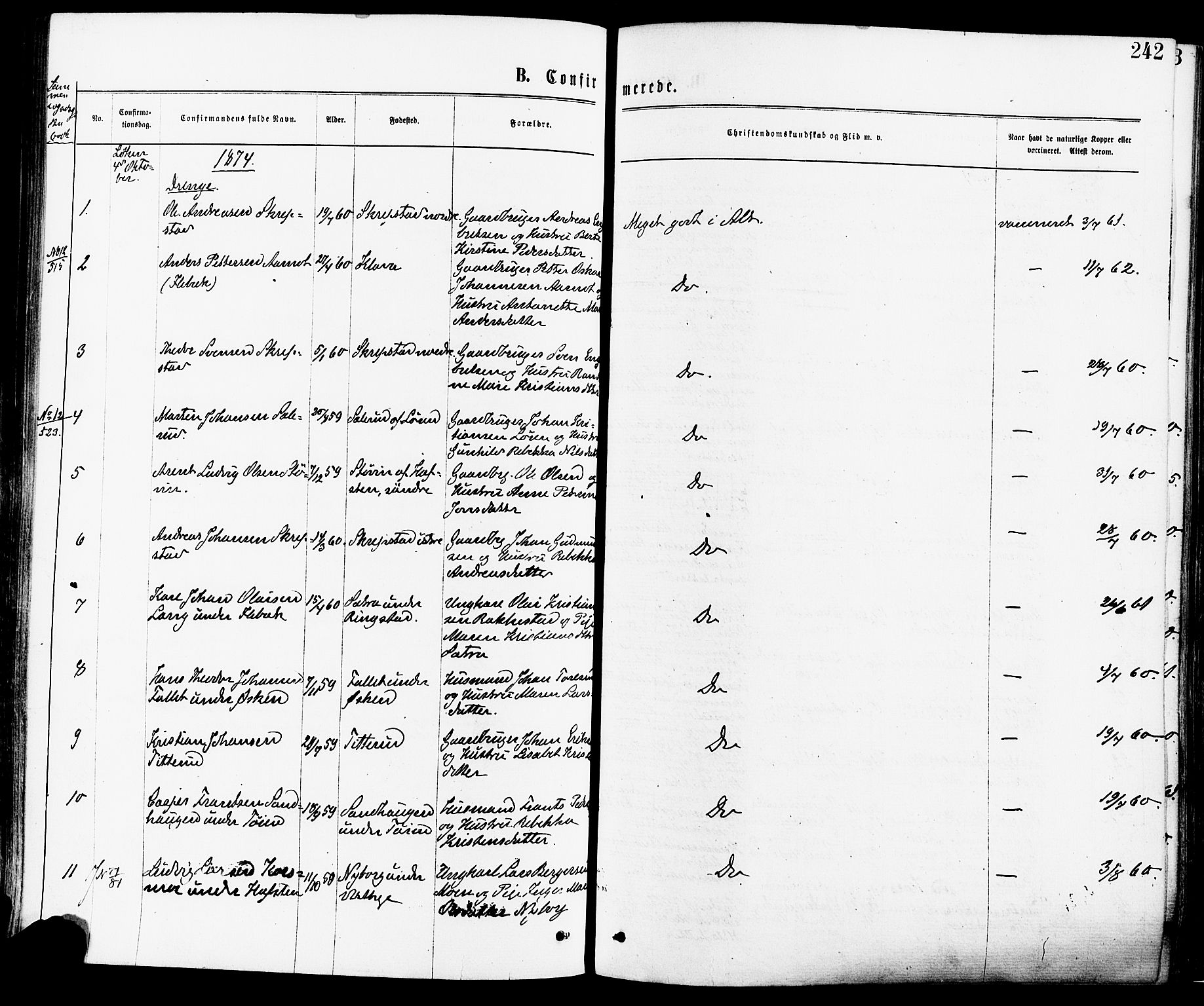 Høland prestekontor Kirkebøker, SAO/A-10346a/F/Fa/L0012.a: Parish register (official) no. I 12A, 1869-1879, p. 242