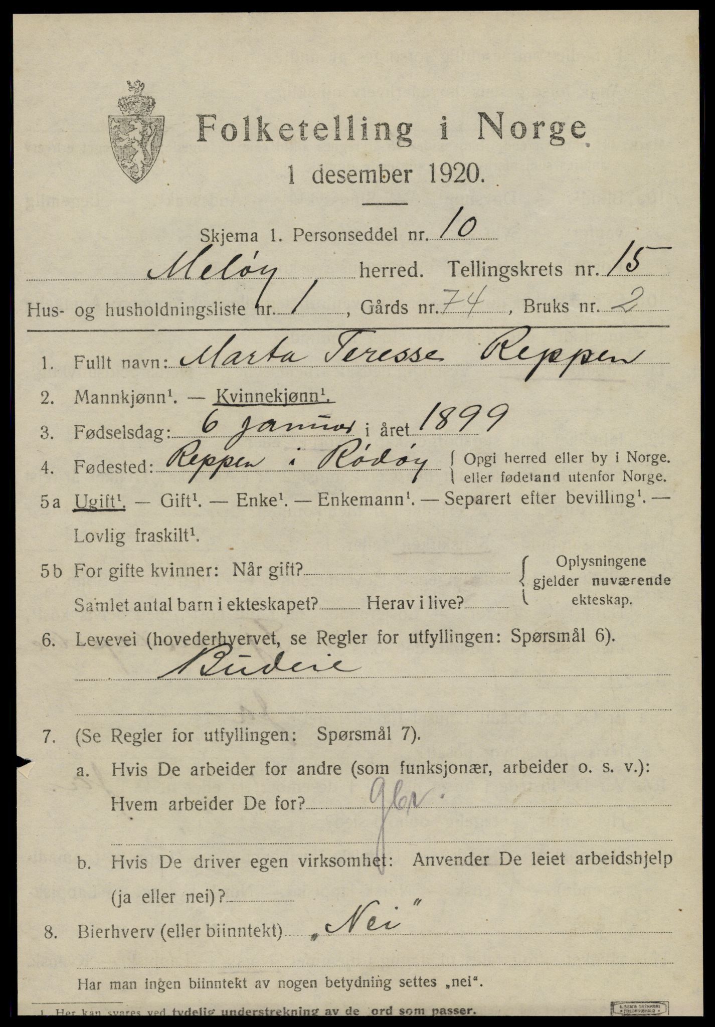 SAT, 1920 census for Meløy, 1920, p. 10069