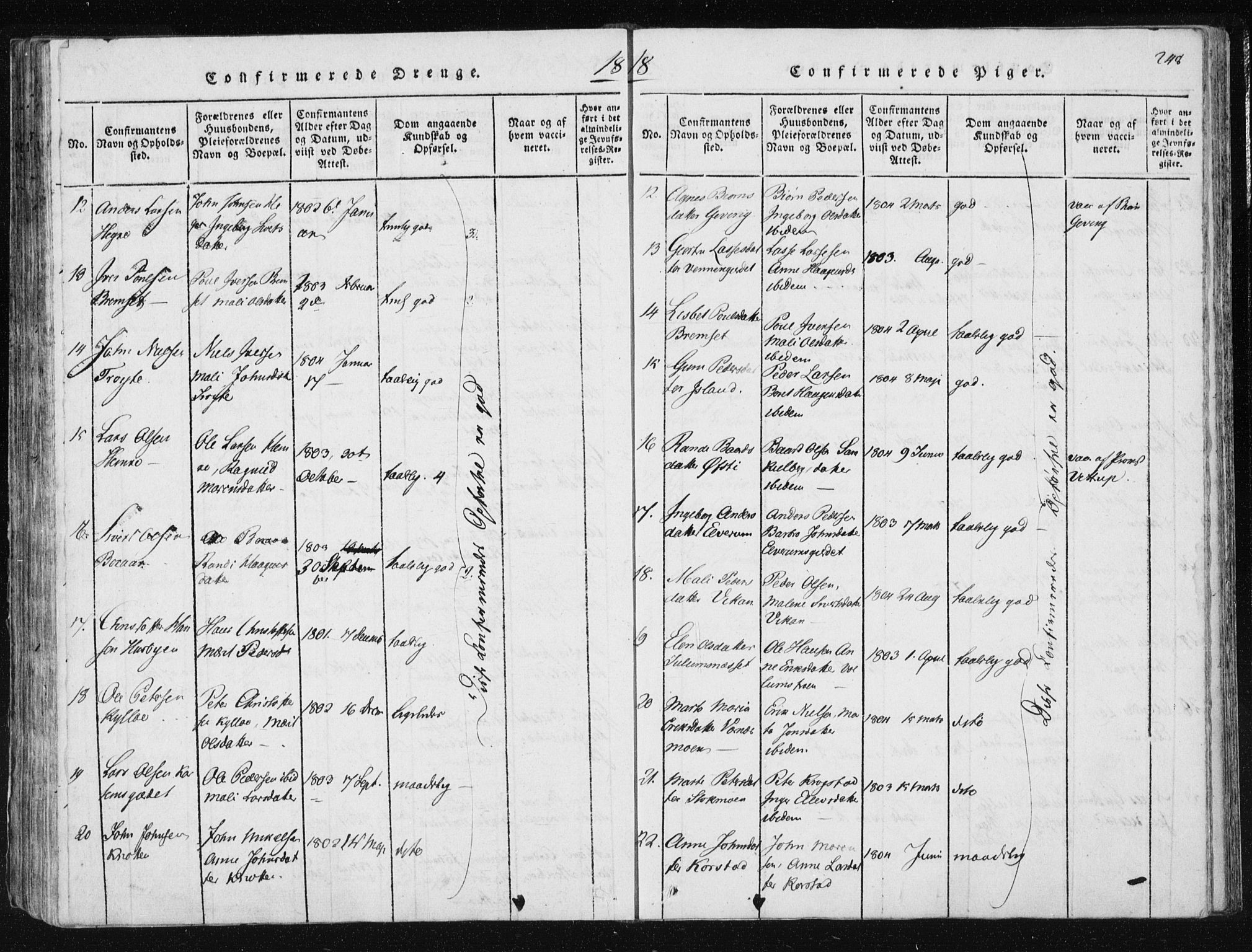 Ministerialprotokoller, klokkerbøker og fødselsregistre - Nord-Trøndelag, AV/SAT-A-1458/709/L0061: Parish register (official) no. 709A08 /1, 1815-1819, p. 248