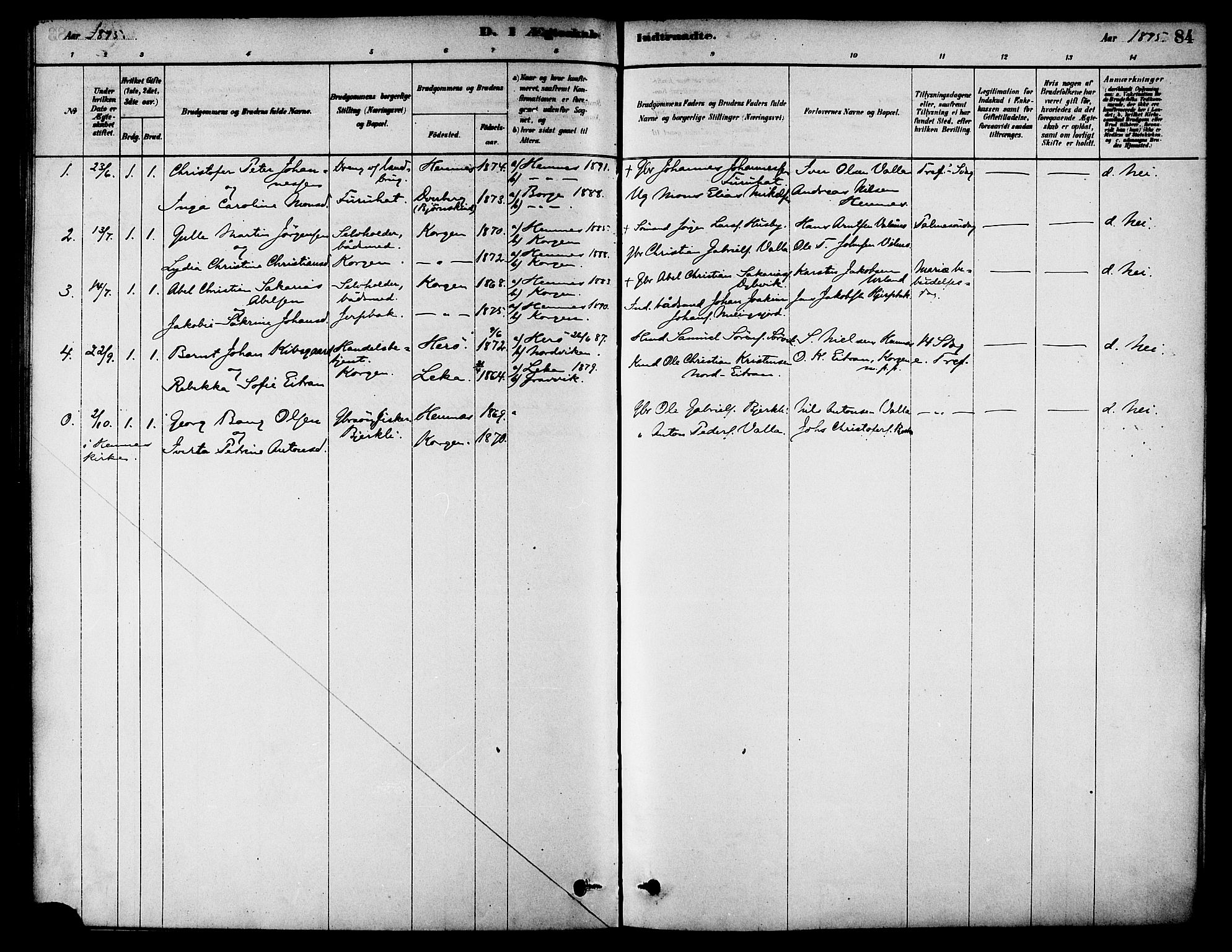 Ministerialprotokoller, klokkerbøker og fødselsregistre - Nordland, AV/SAT-A-1459/826/L0379: Parish register (official) no. 826A02, 1878-1895, p. 84