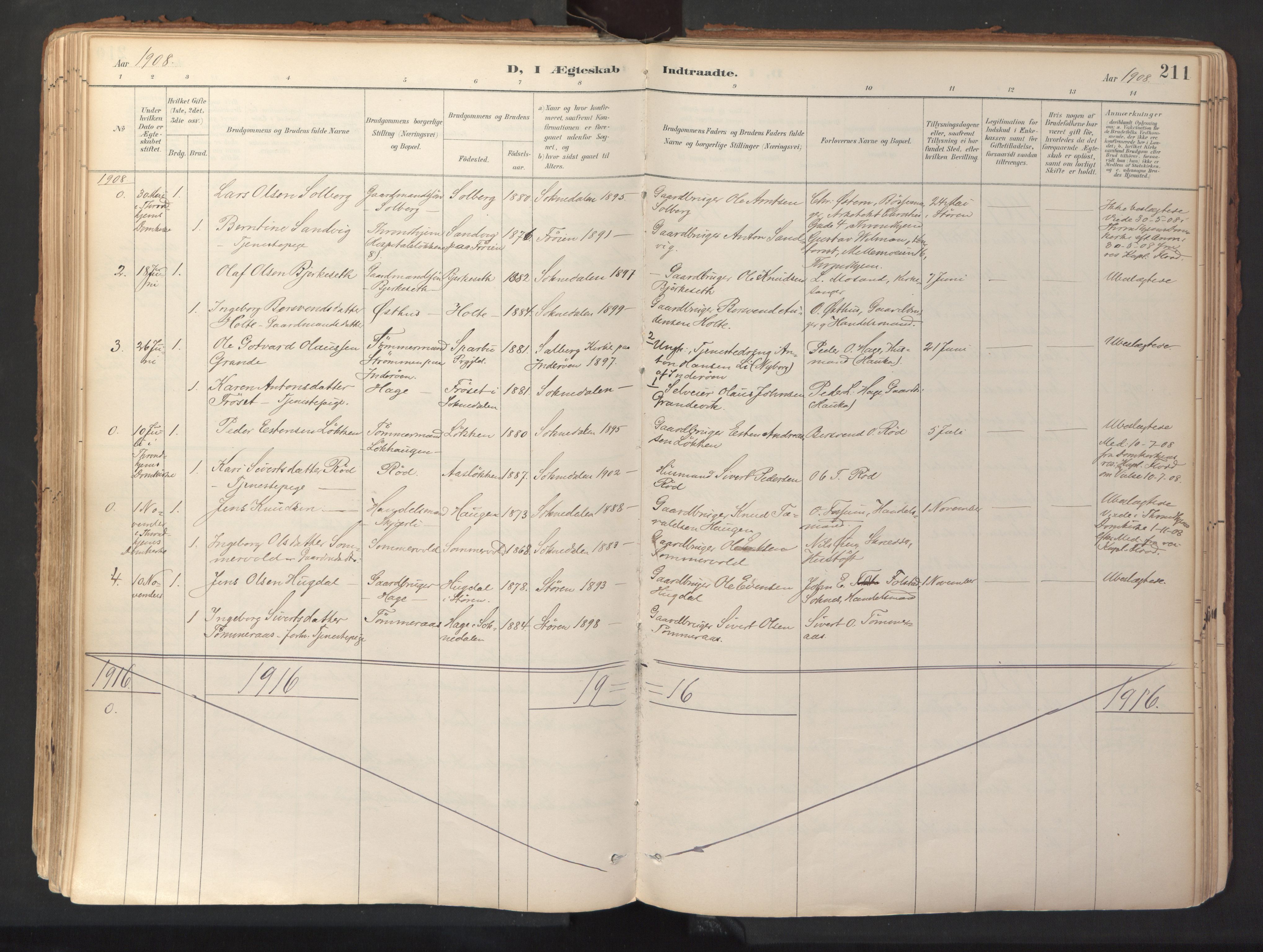 Ministerialprotokoller, klokkerbøker og fødselsregistre - Sør-Trøndelag, AV/SAT-A-1456/689/L1041: Parish register (official) no. 689A06, 1891-1923, p. 211