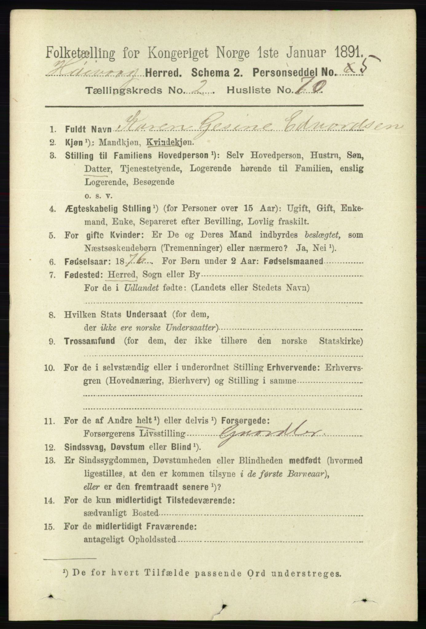 RA, 1891 census for 0927 Høvåg, 1891, p. 908