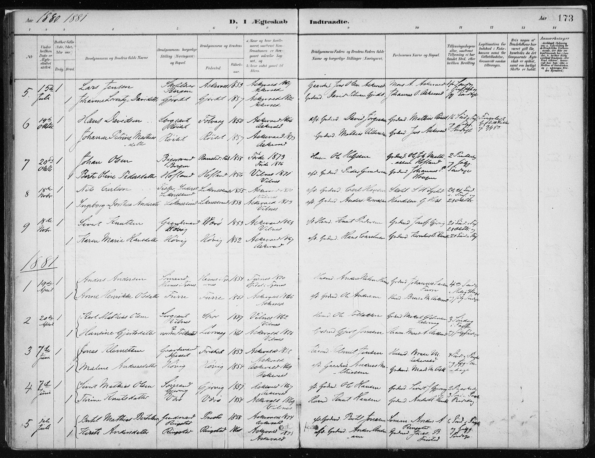 Askvoll sokneprestembete, SAB/A-79501/H/Haa/Haab/L0002: Parish register (official) no. B 2, 1879-1909, p. 173