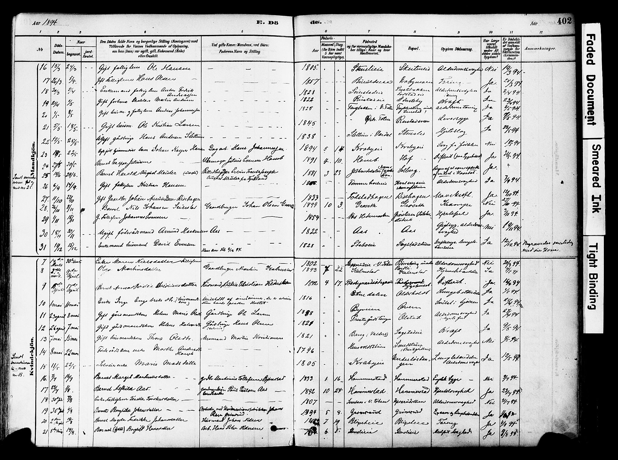 Østre Toten prestekontor, SAH/PREST-104/H/Ha/Haa/L0006: Parish register (official) no. 6 /1, 1878-1896, p. 402