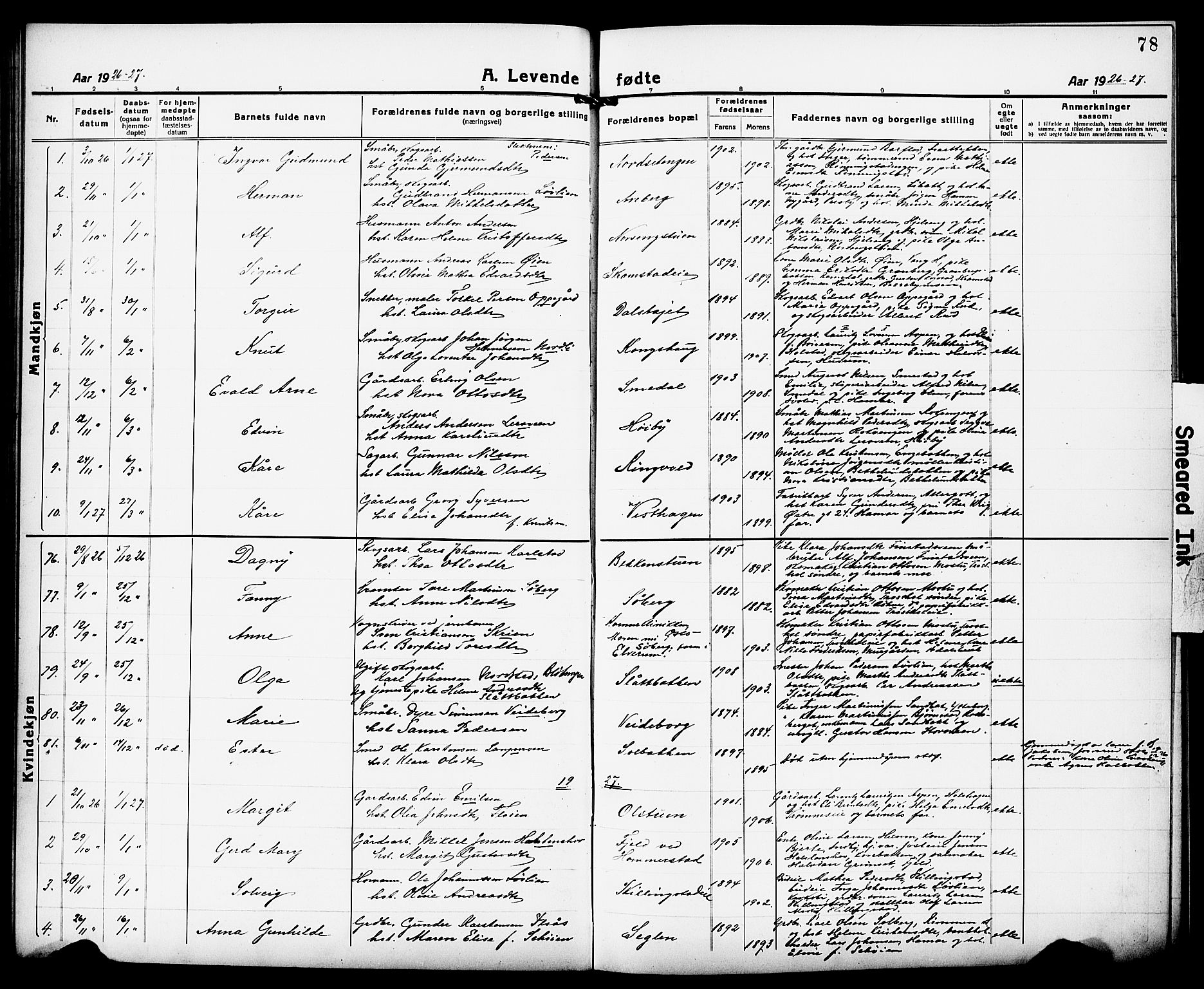 Løten prestekontor, SAH/PREST-022/L/La/L0008: Parish register (copy) no. 8, 1920-1929, p. 78