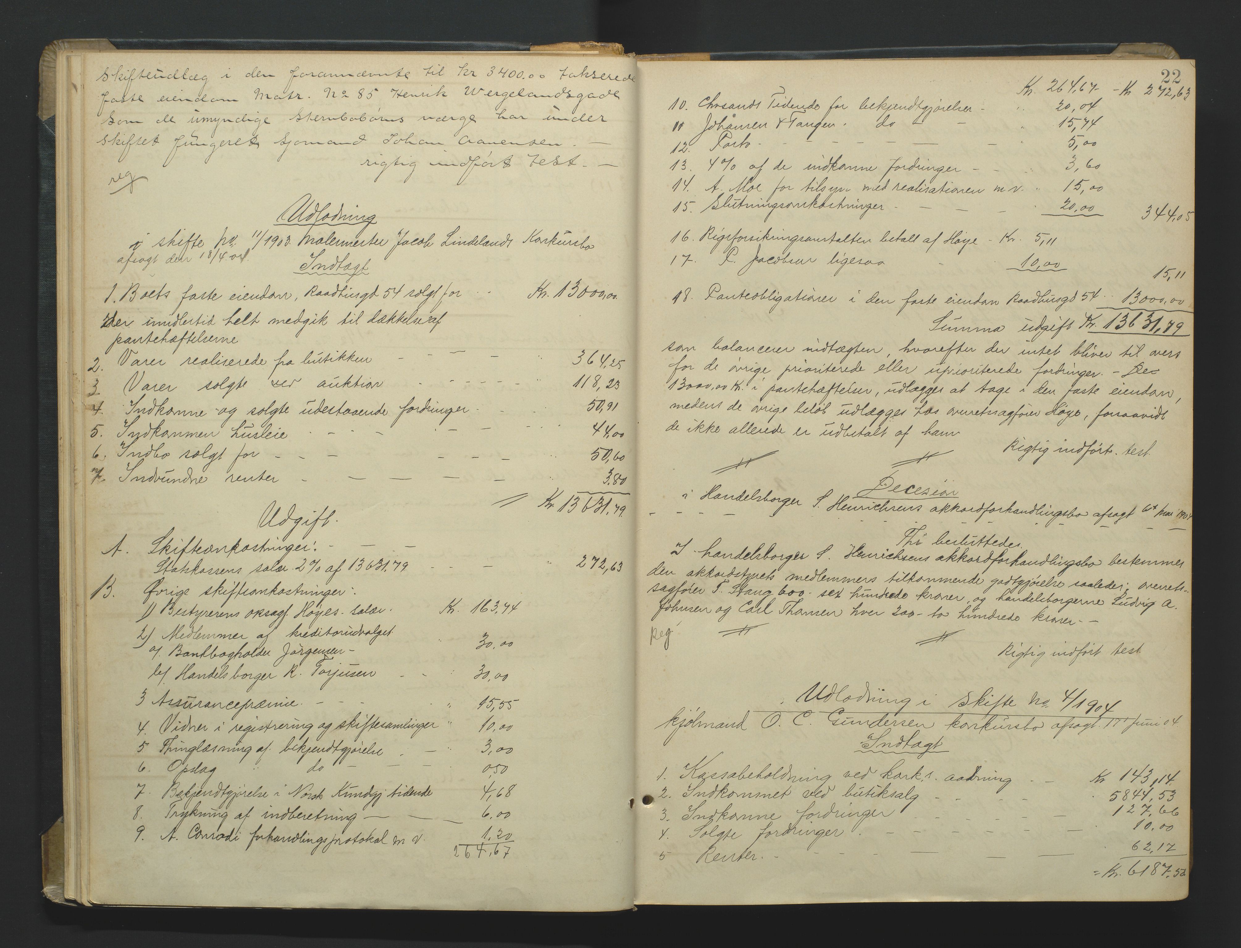 Kristiansand byrett, AV/SAK-1223-0001/H/Hc/L0060: Skifteutlodningsprotokoll nr. 6, med register, 1903-1916, p. 22