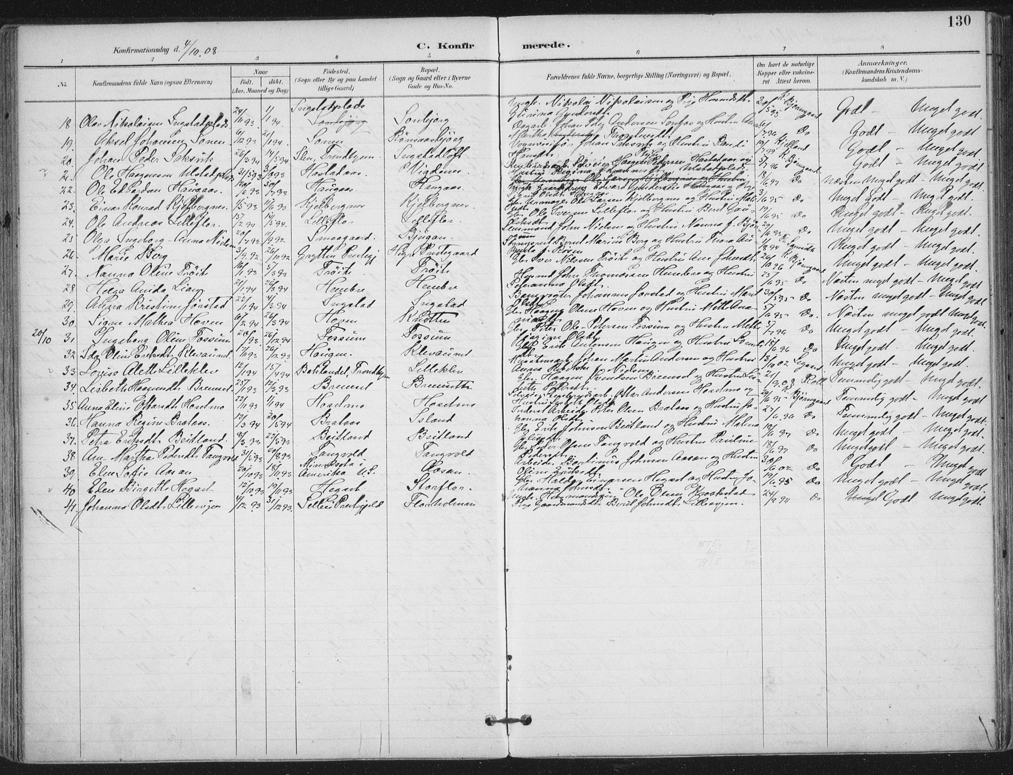 Ministerialprotokoller, klokkerbøker og fødselsregistre - Nord-Trøndelag, SAT/A-1458/703/L0031: Parish register (official) no. 703A04, 1893-1914, p. 130