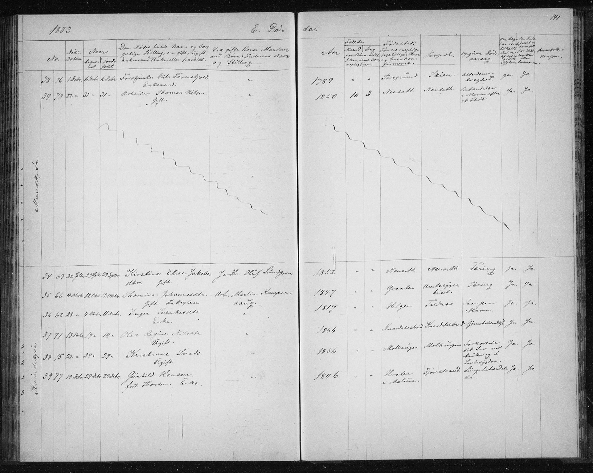 Solum kirkebøker, SAKO/A-306/G/Ga/L0006: Parish register (copy) no. I 6, 1882-1883, p. 141