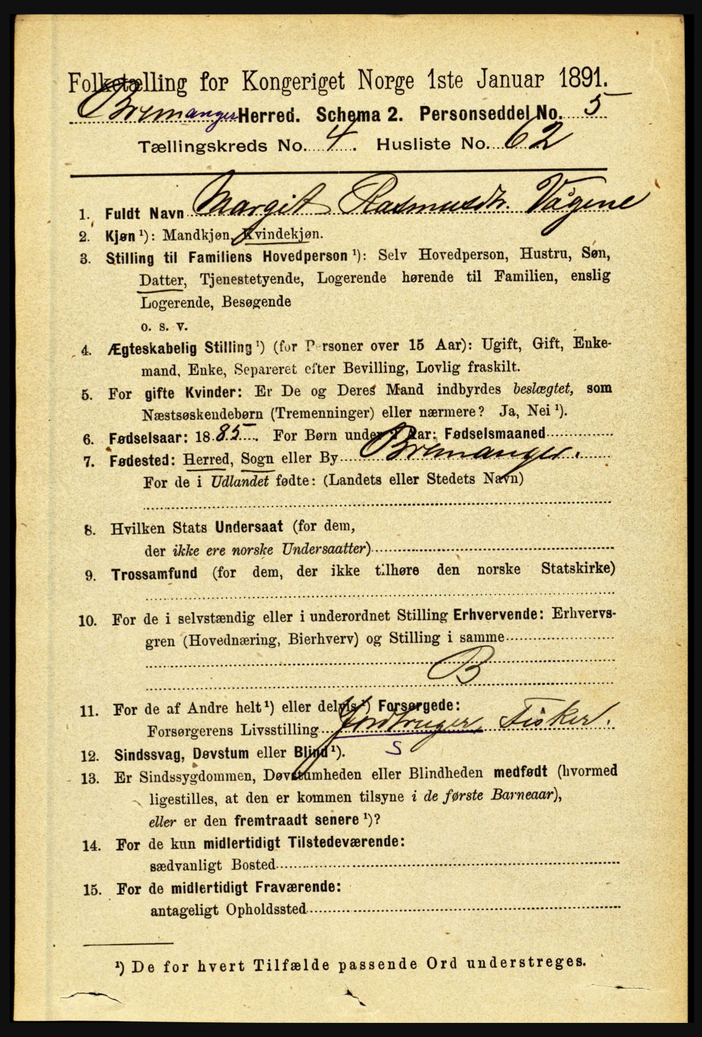 RA, 1891 census for 1438 Bremanger, 1891, p. 1895