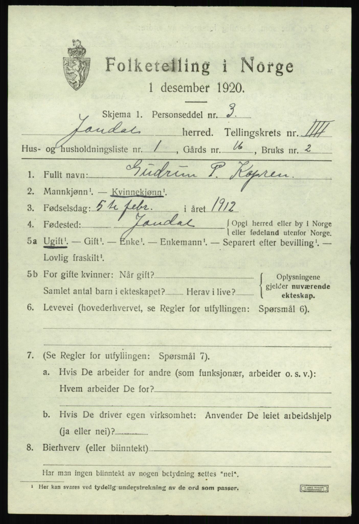 SAB, 1920 census for Jondal, 1920, p. 2212