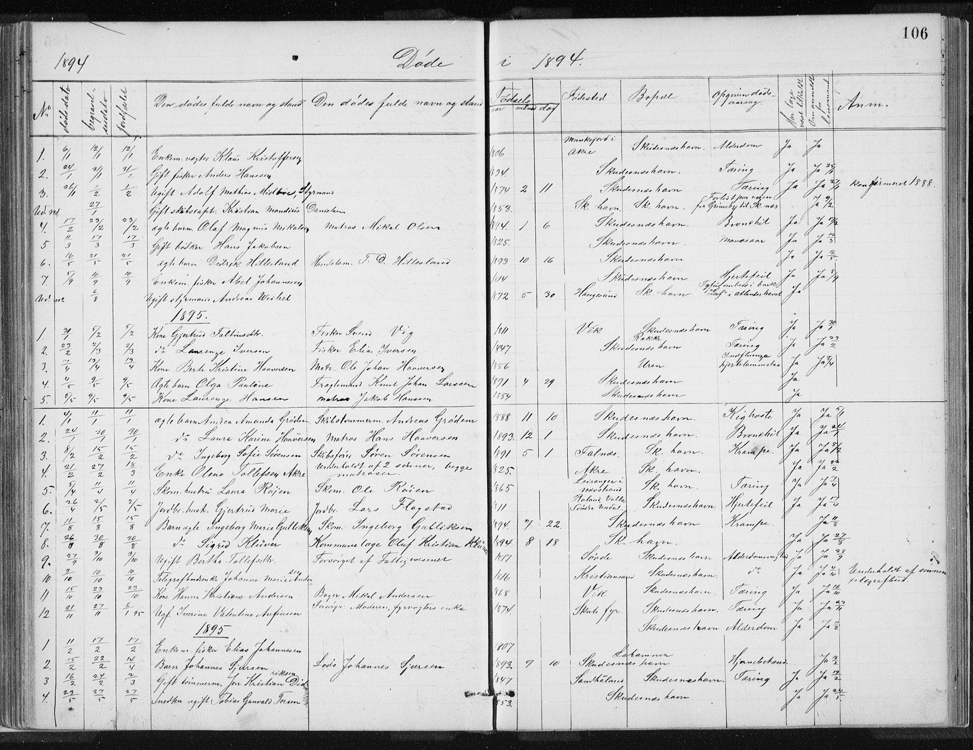 Skudenes sokneprestkontor, AV/SAST-A -101849/H/Ha/Hab/L0007: Parish register (copy) no. B 7, 1885-1899, p. 106