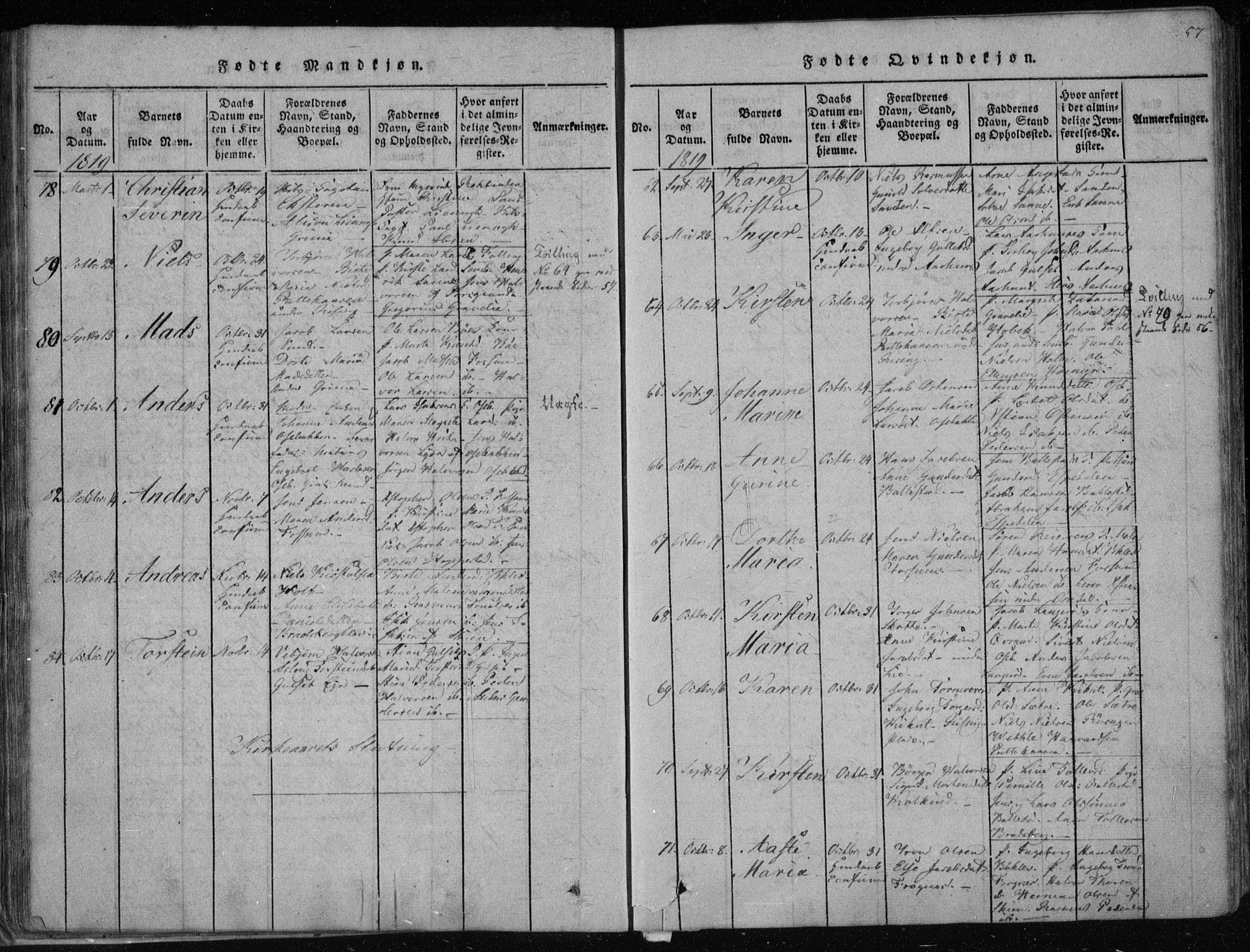 Gjerpen kirkebøker, SAKO/A-265/F/Fa/L0004: Parish register (official) no. I 4, 1814-1823, p. 57