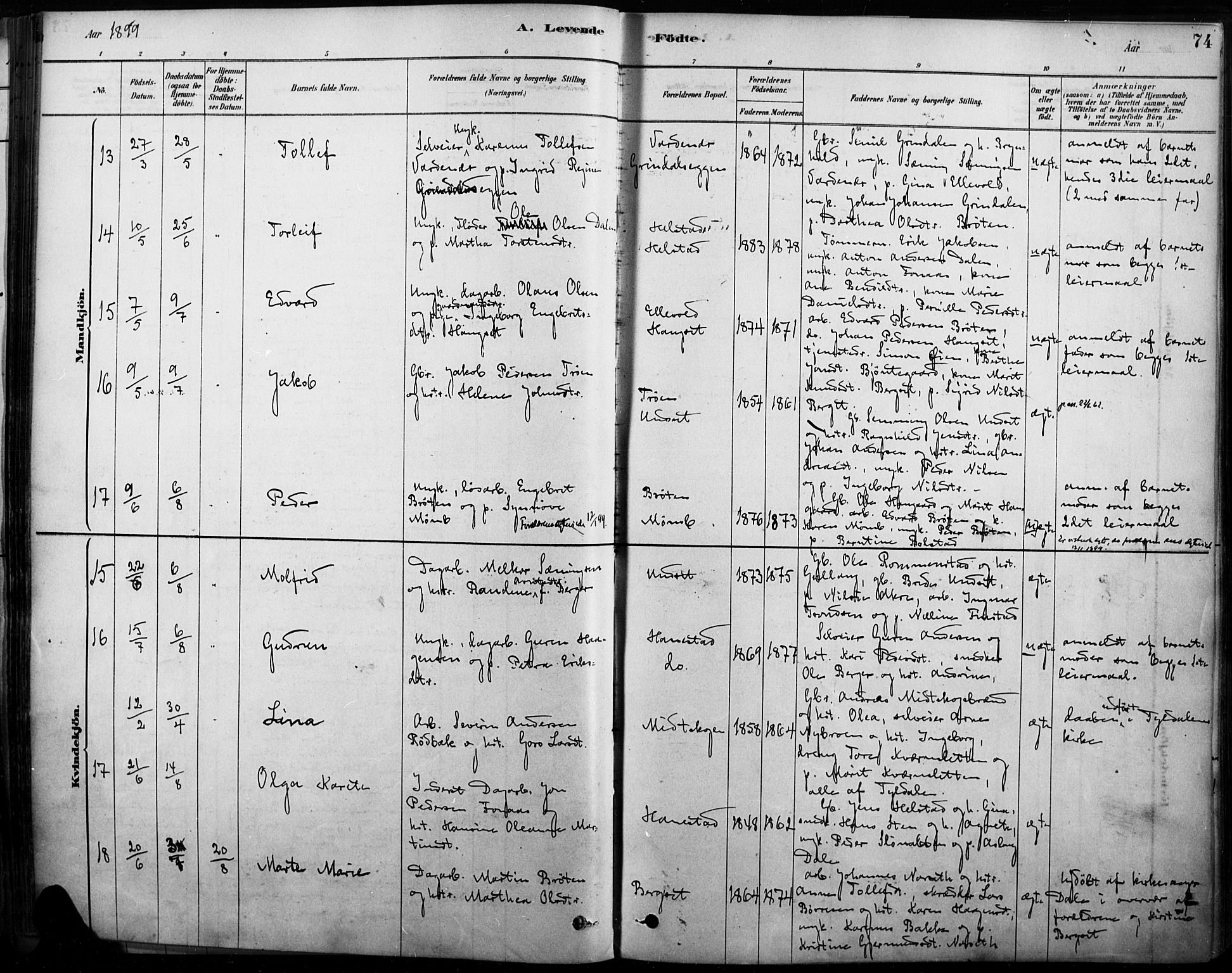 Rendalen prestekontor, SAH/PREST-054/H/Ha/Haa/L0009: Parish register (official) no. 9, 1878-1901, p. 74