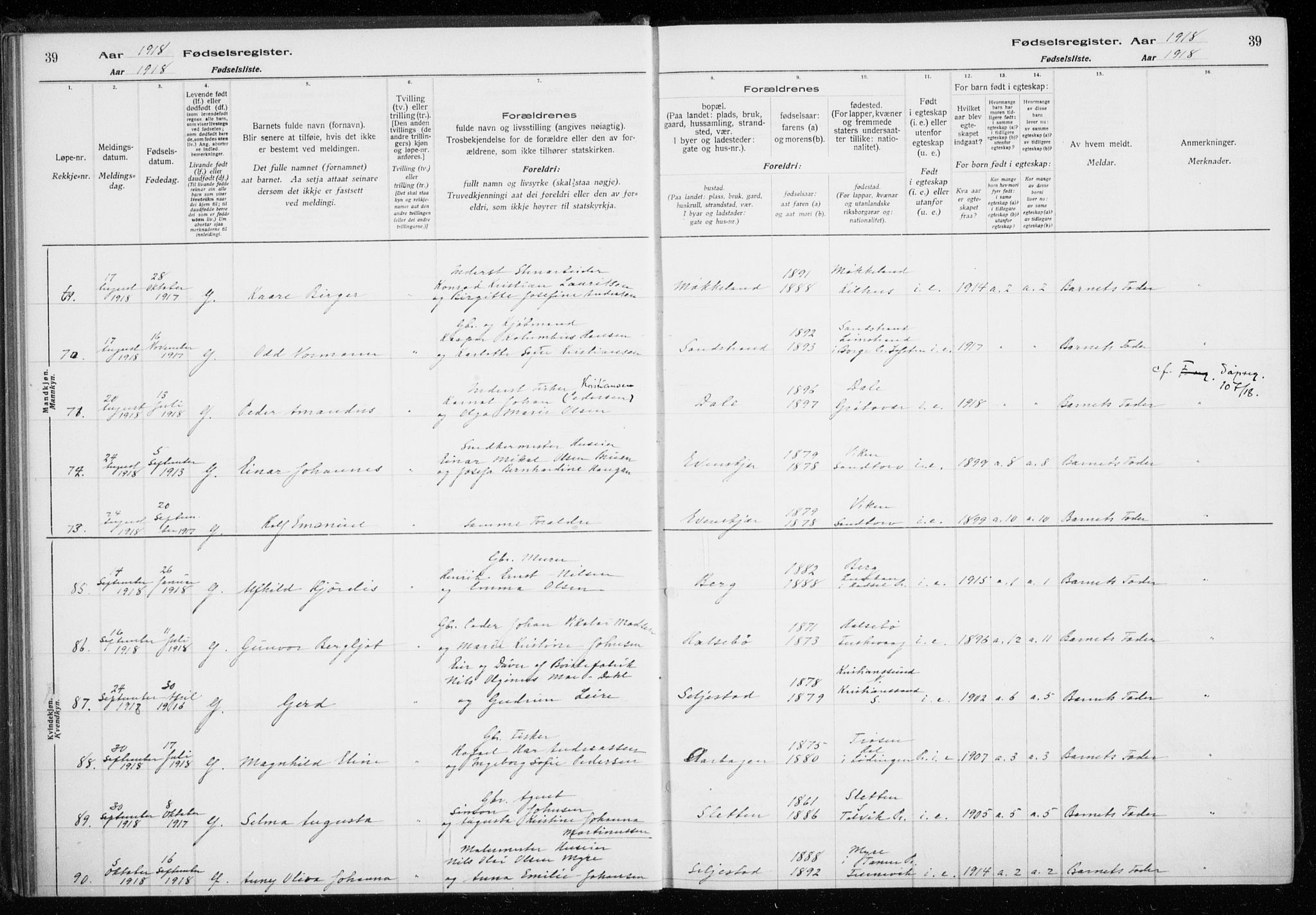 Trondenes sokneprestkontor, AV/SATØ-S-1319/I/Ia/L0089: Birth register no. 89, 1916-1925, p. 39