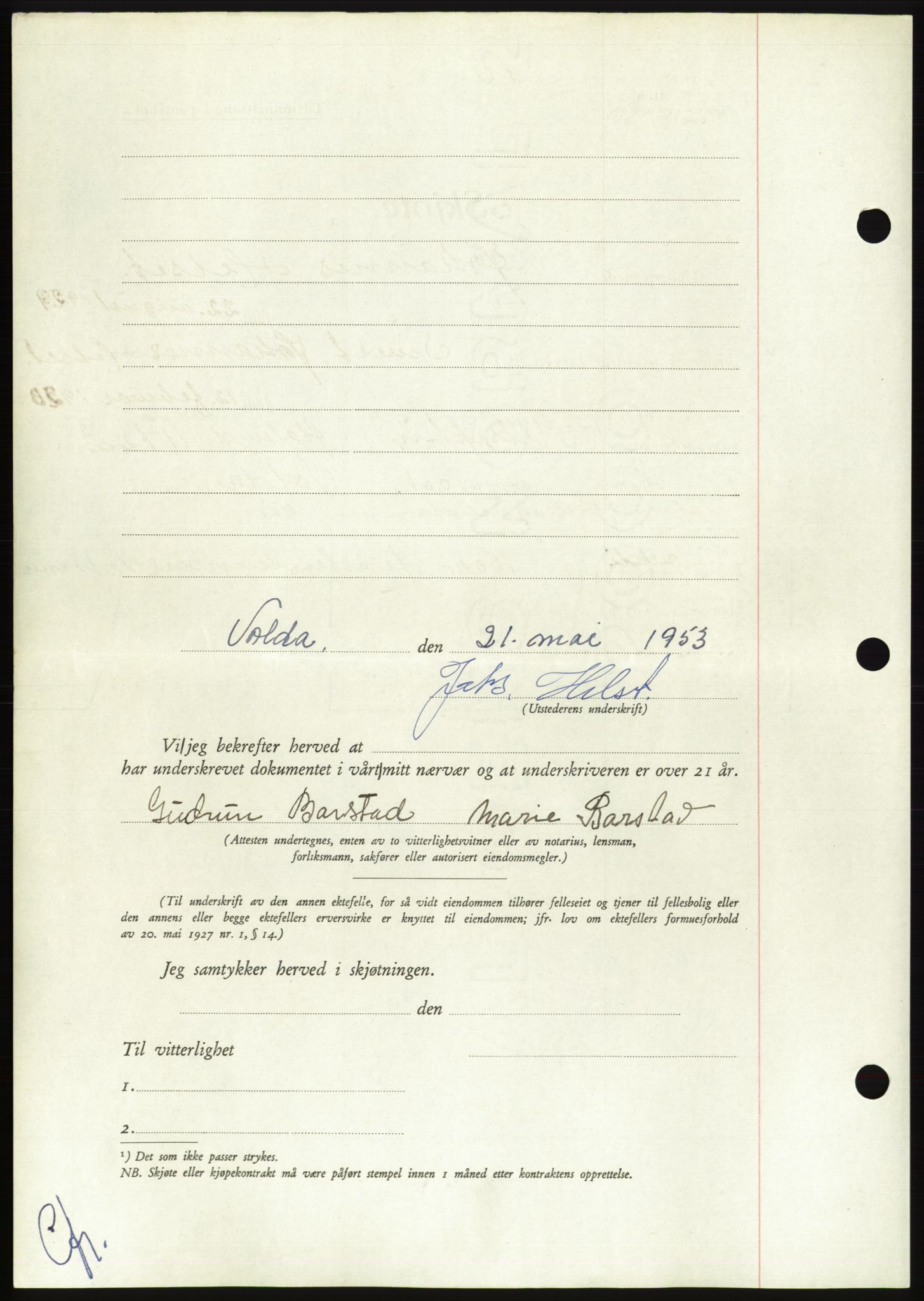 Søre Sunnmøre sorenskriveri, AV/SAT-A-4122/1/2/2C/L0095: Mortgage book no. 21A, 1953-1953, Diary no: : 1214/1953