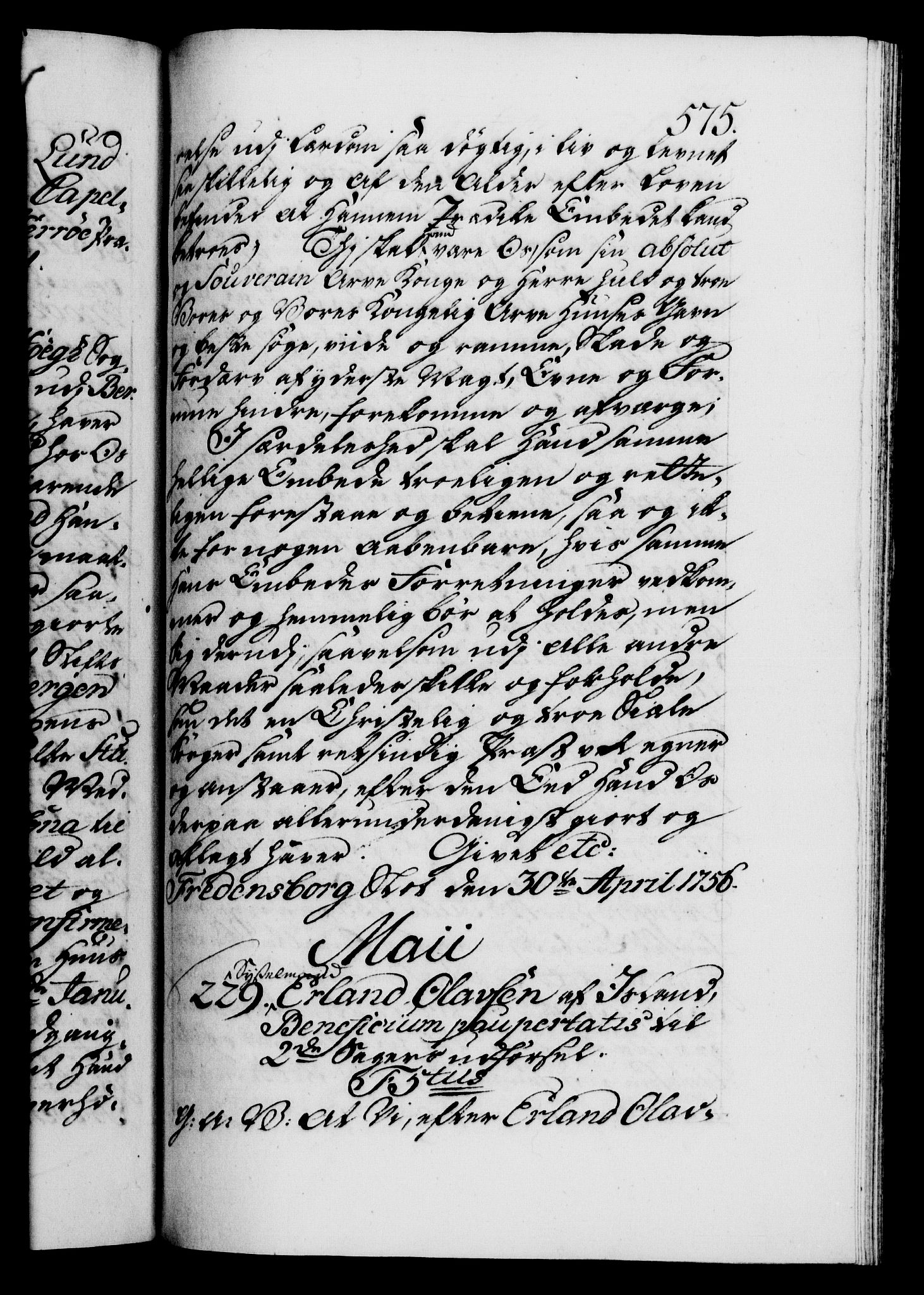 Danske Kanselli 1572-1799, AV/RA-EA-3023/F/Fc/Fca/Fcaa/L0039: Norske registre, 1755-1756, p. 575a