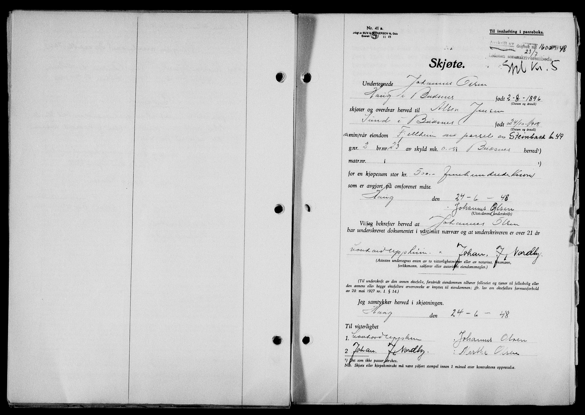 Lofoten sorenskriveri, SAT/A-0017/1/2/2C/L0018a: Mortgage book no. 18a, 1948-1948, Diary no: : 1600/1948
