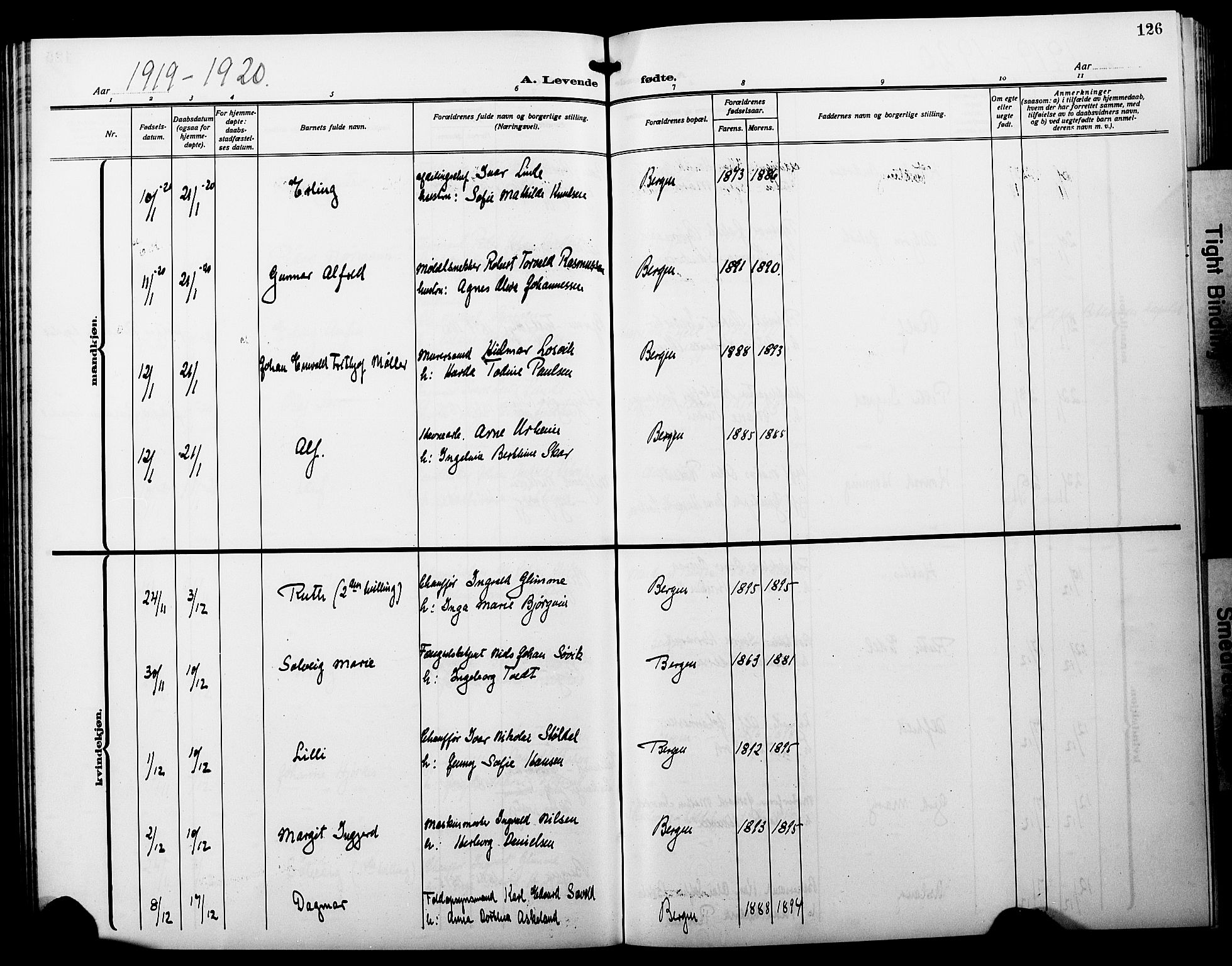 Fødselsstiftelsens sokneprestembete*, SAB/-: Parish register (copy) no. A 3, 1916-1925, p. 126