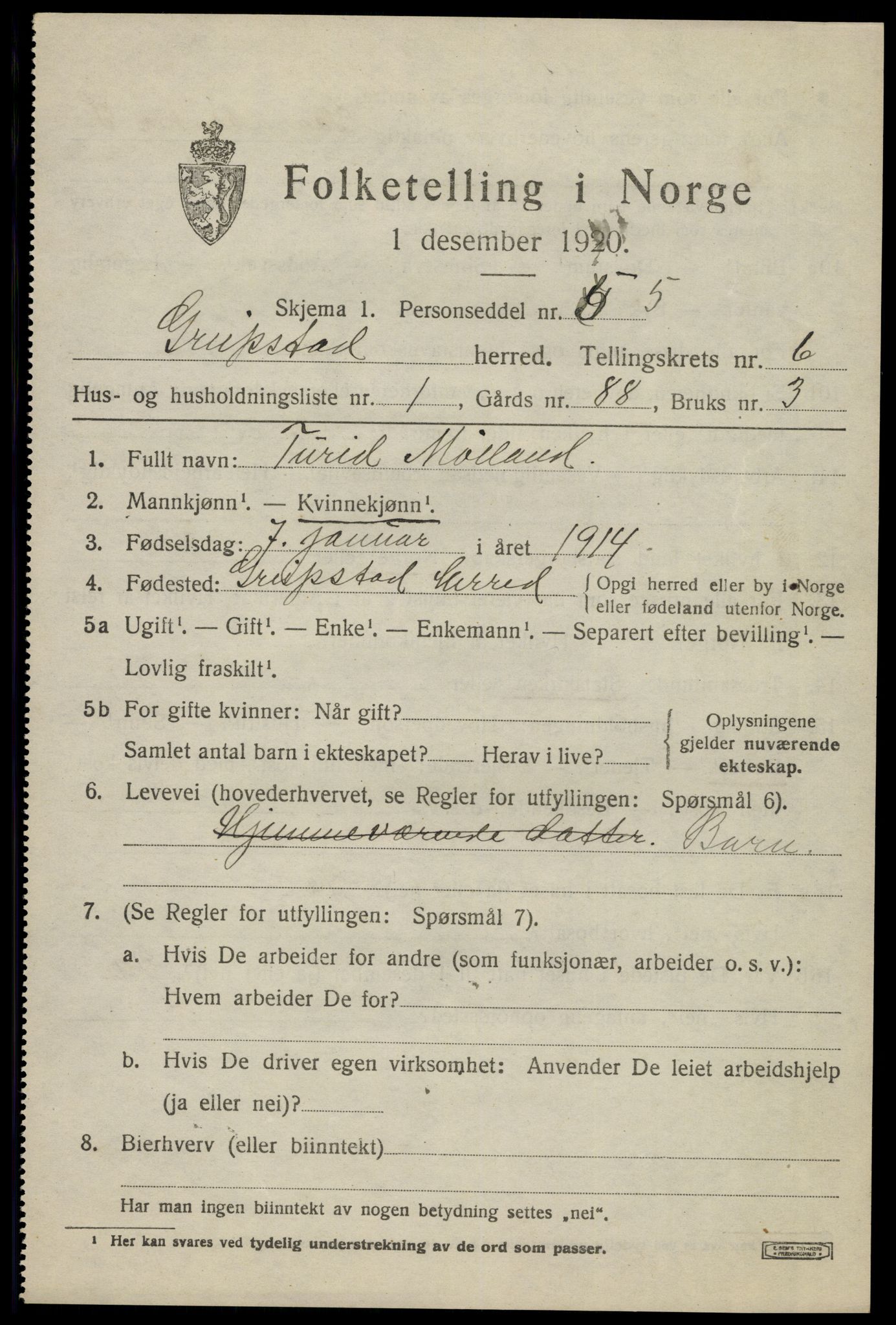 SAK, 1920 census for Greipstad, 1920, p. 1880