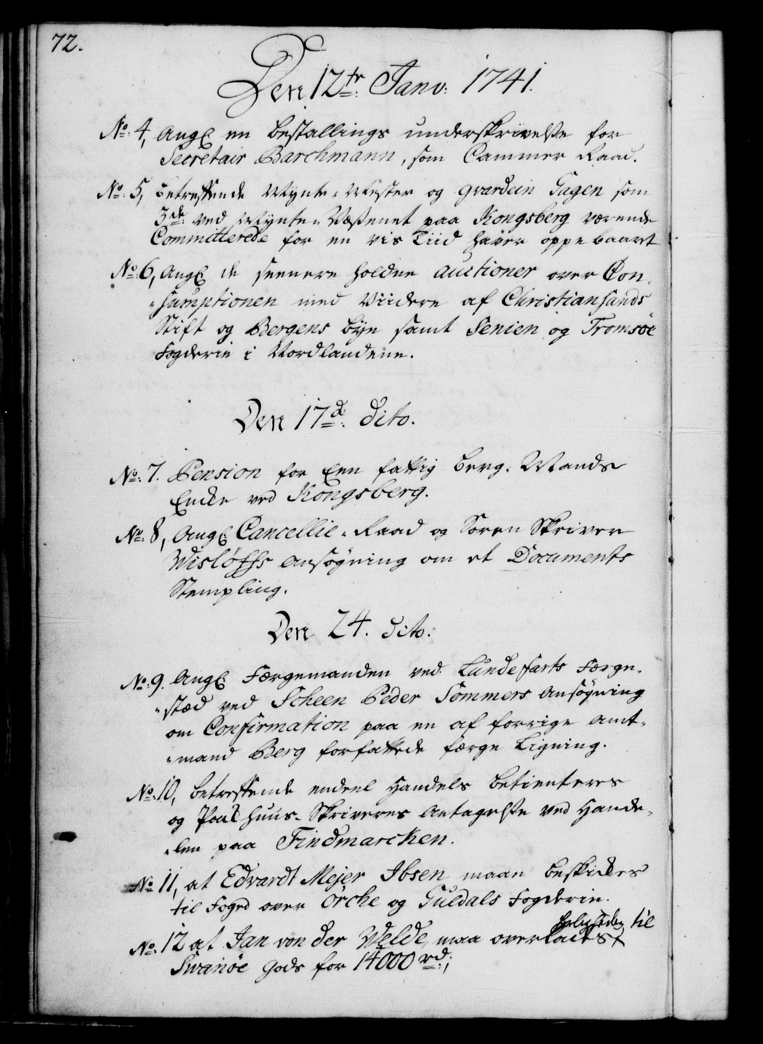 Rentekammeret, Kammerkanselliet, RA/EA-3111/G/Gf/Gfb/L0004: Register til norske relasjons- og resolusjonsprotokoller (merket RK 52.99), 1736-1743, p. 72