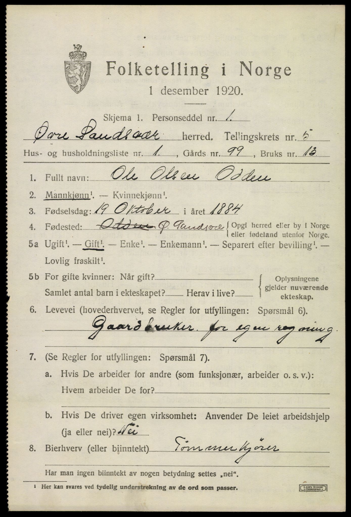 SAKO, 1920 census for Øvre Sandsvær, 1920, p. 2838