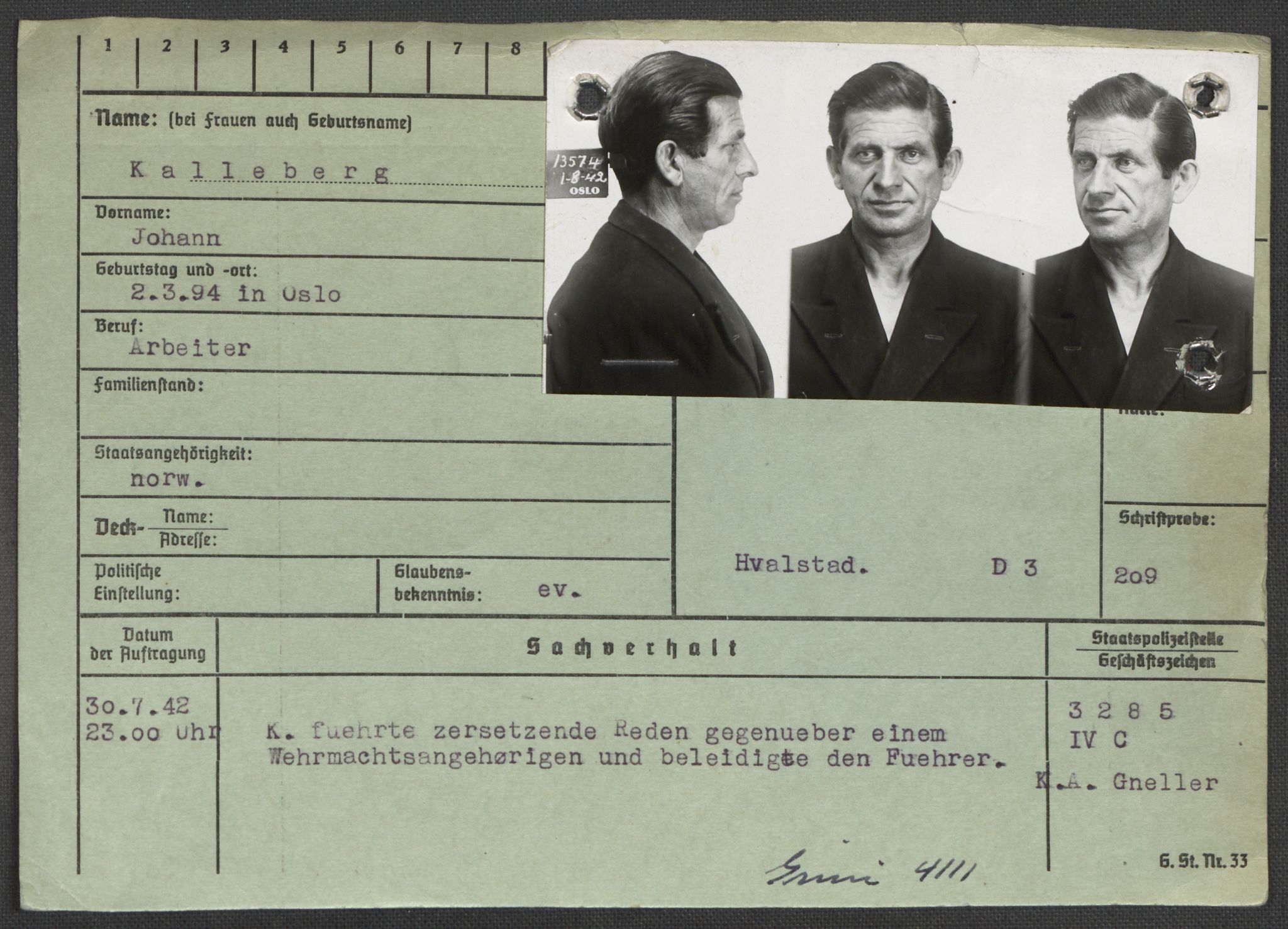Befehlshaber der Sicherheitspolizei und des SD, RA/RAFA-5969/E/Ea/Eaa/L0005: Register over norske fanger i Møllergata 19: Hø-Kj, 1940-1945, p. 1151