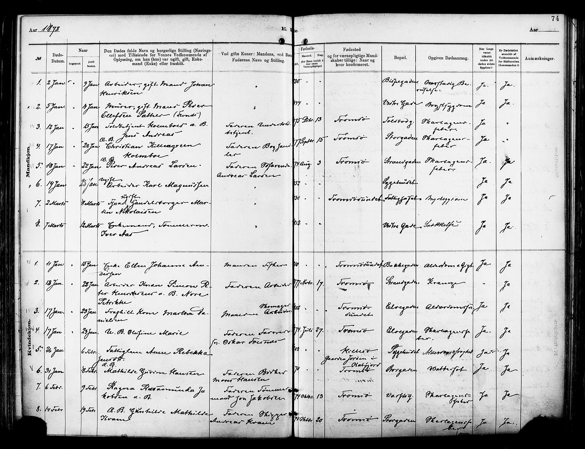 Tromsø sokneprestkontor/stiftsprosti/domprosti, SATØ/S-1343/G/Ga/L0014kirke: Parish register (official) no. 14, 1878-1888, p. 74