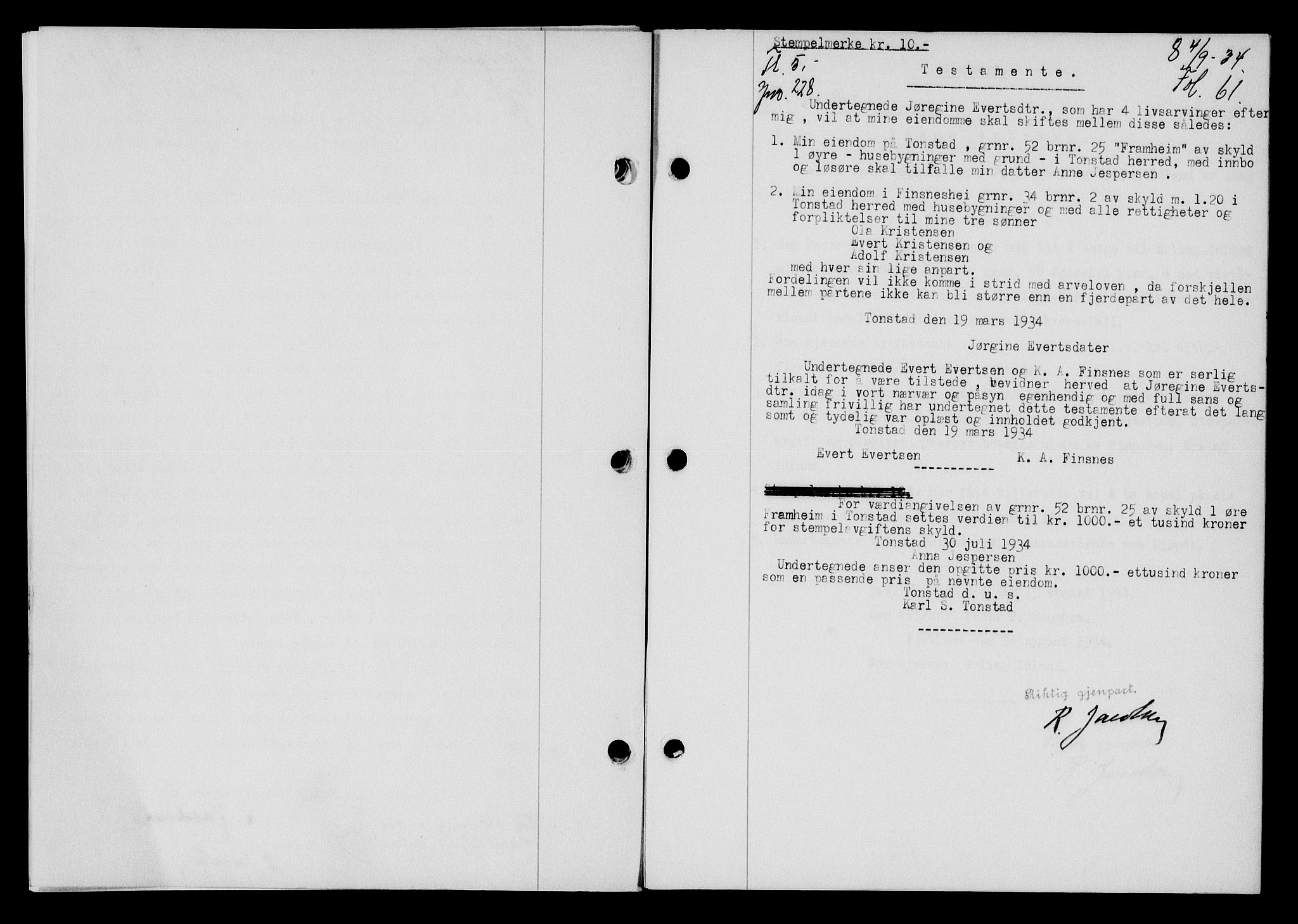 Flekkefjord sorenskriveri, SAK/1221-0001/G/Gb/Gba/L0051: Mortgage book no. 47, 1934-1935, Deed date: 04.09.1934