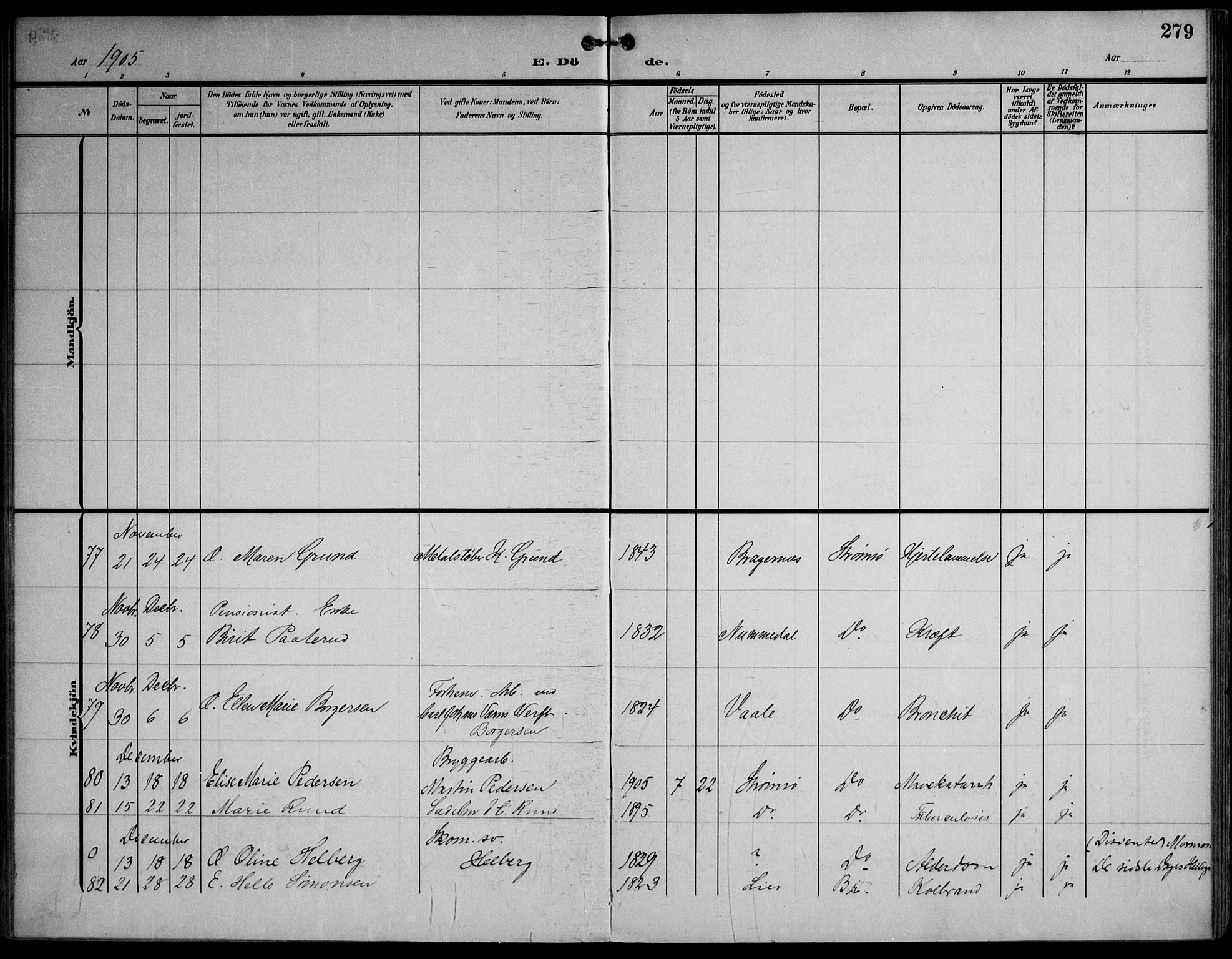 Strømsø kirkebøker, AV/SAKO-A-246/F/Fa/L0026: Parish register (official) no. I 26, 1905-1914, p. 279