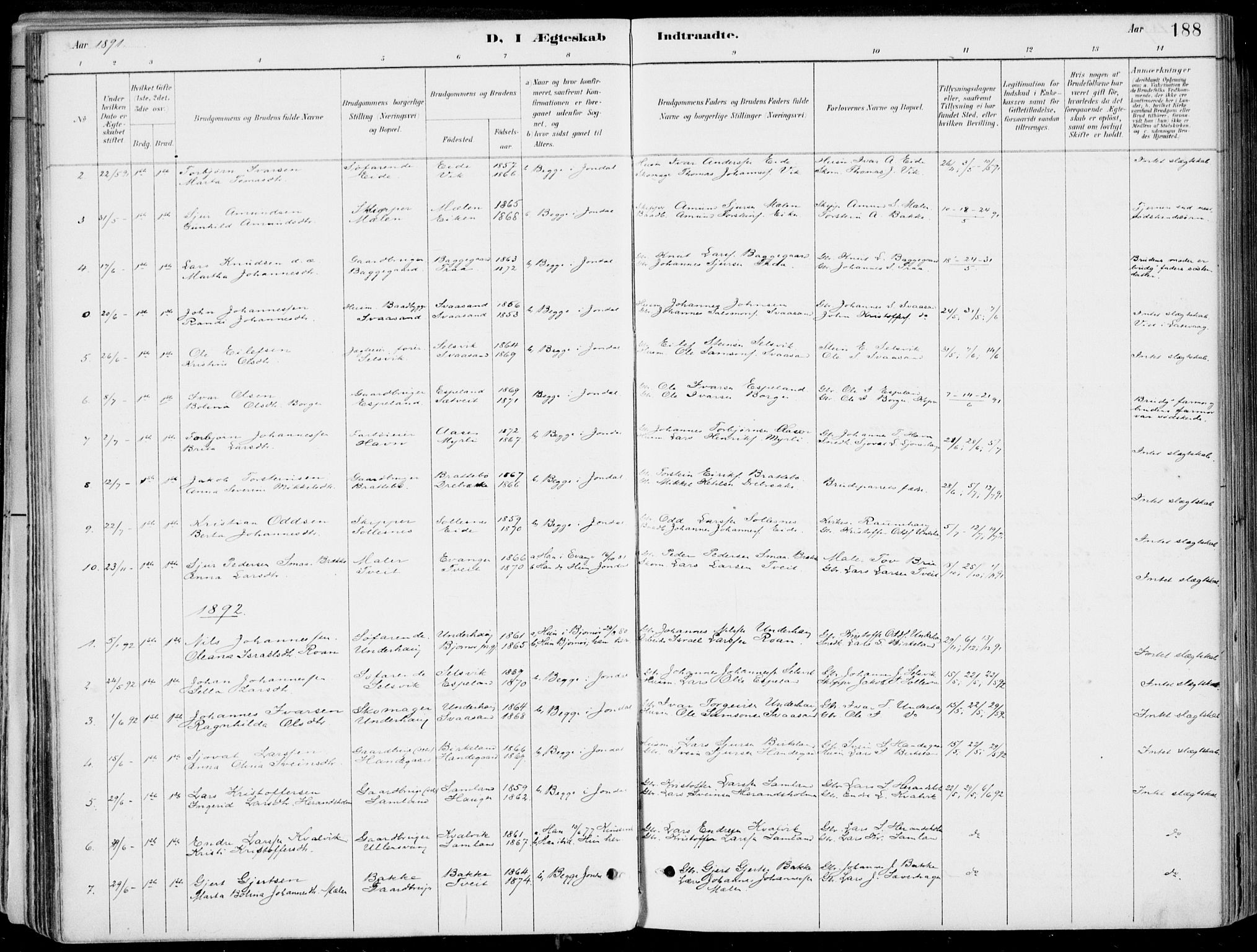 Strandebarm sokneprestembete, SAB/A-78401/H/Haa: Parish register (official) no. E  1, 1886-1908, p. 188