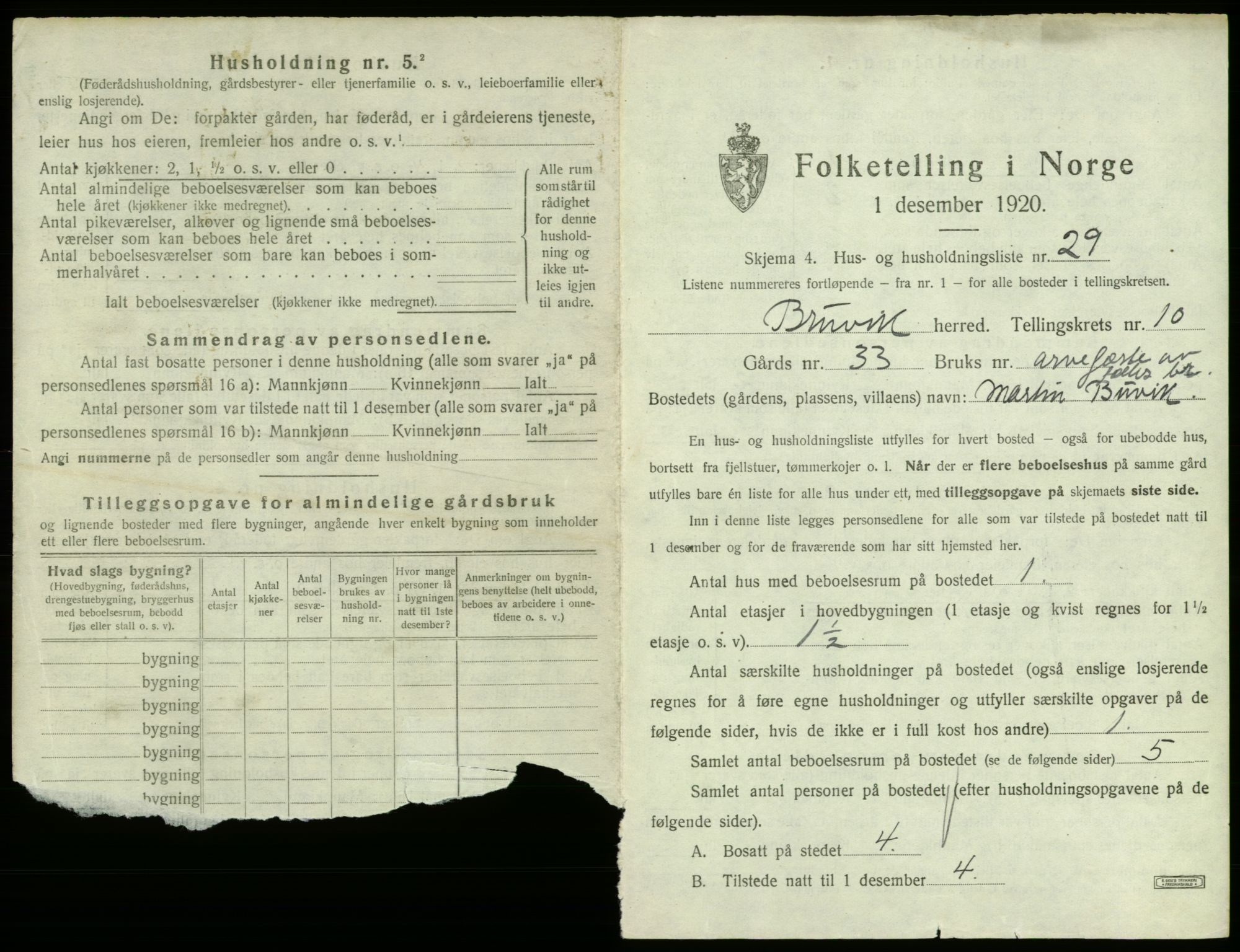 SAB, 1920 census for Bruvik, 1920, p. 820