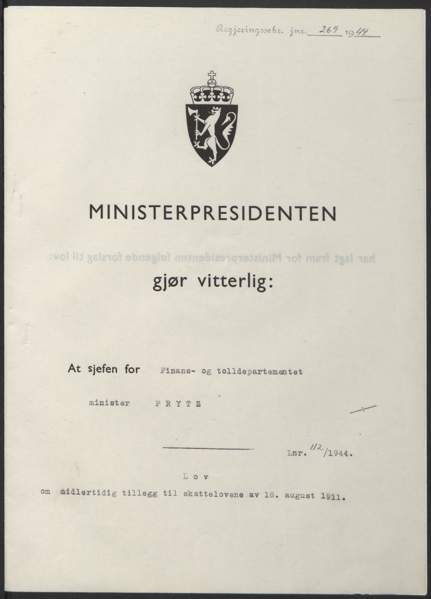 NS-administrasjonen 1940-1945 (Statsrådsekretariatet, de kommisariske statsråder mm), RA/S-4279/D/Db/L0100: Lover, 1944, p. 530