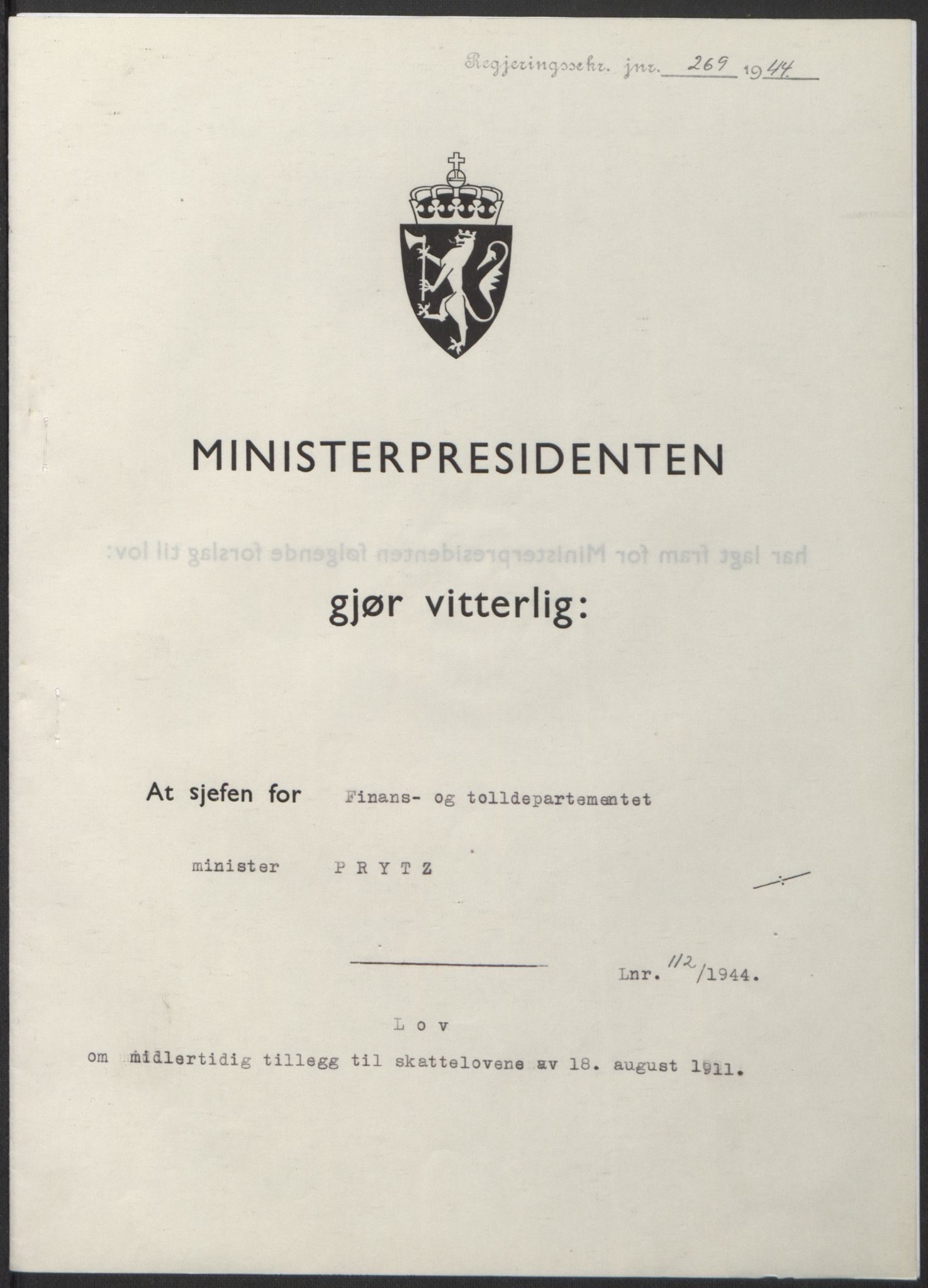 NS-administrasjonen 1940-1945 (Statsrådsekretariatet, de kommisariske statsråder mm), AV/RA-S-4279/D/Db/L0100: Lover, 1944, p. 530