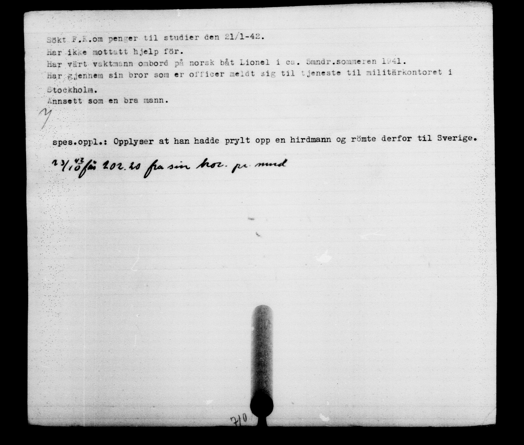 Utenriksstasjonene, Legasjonen i Stockholm, Flyktningkontoret, AV/RA-S-6753/V/Va/L0002: Kjesäterkartoteket, flyktninger med registreringsnr. 1001-2000, 1940-1945, p. 1347