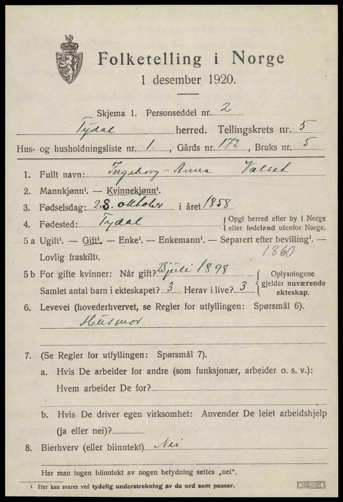 SAT, 1920 census for Tydal, 1920, p. 1715