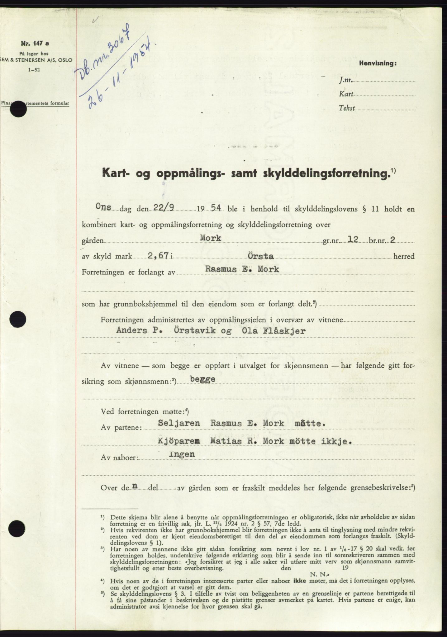 Søre Sunnmøre sorenskriveri, AV/SAT-A-4122/1/2/2C/L0099: Mortgage book no. 25A, 1954-1954, Diary no: : 3067/1954