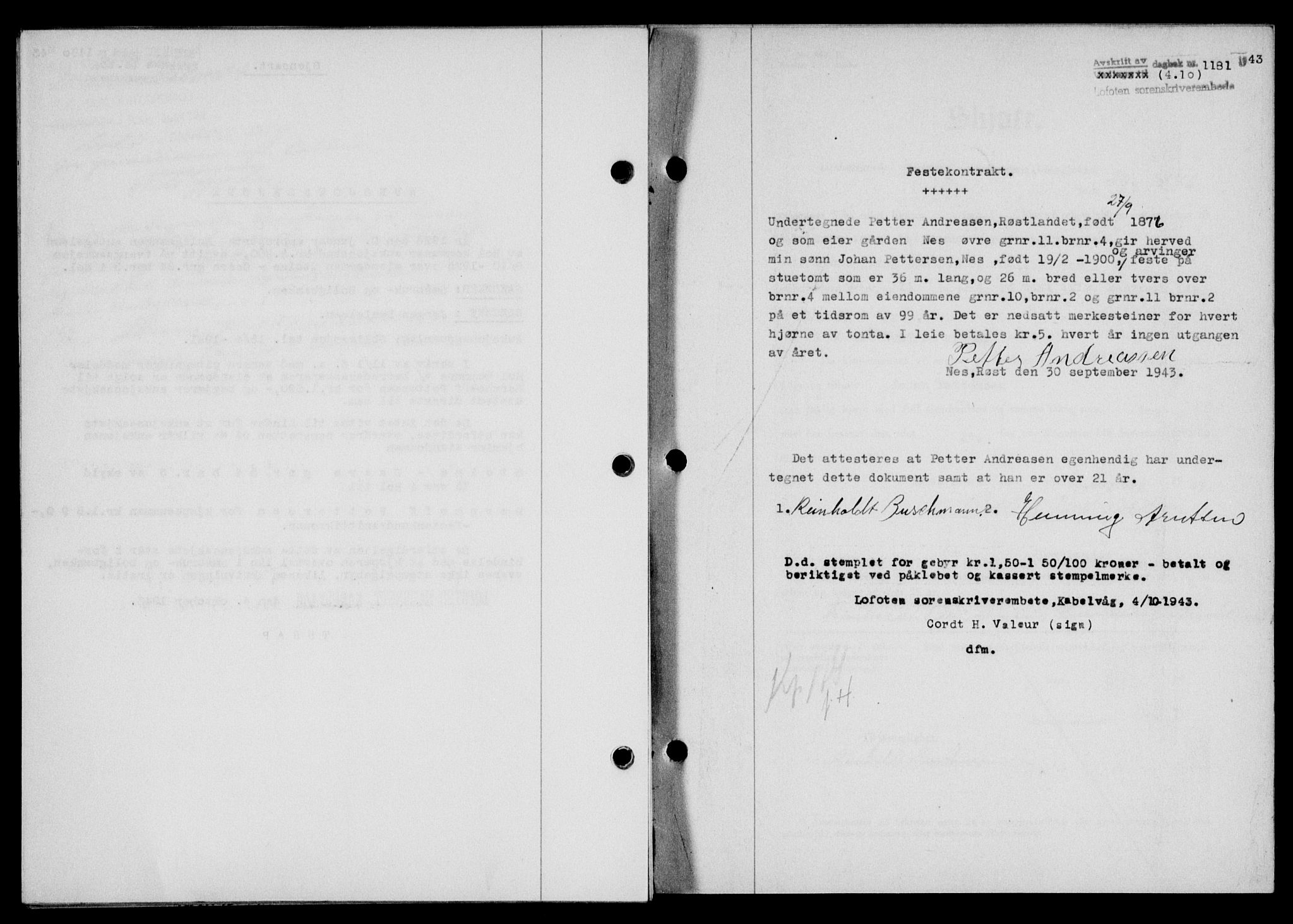 Lofoten sorenskriveri, SAT/A-0017/1/2/2C/L0011a: Mortgage book no. 11a, 1943-1943, Diary no: : 1181/1943