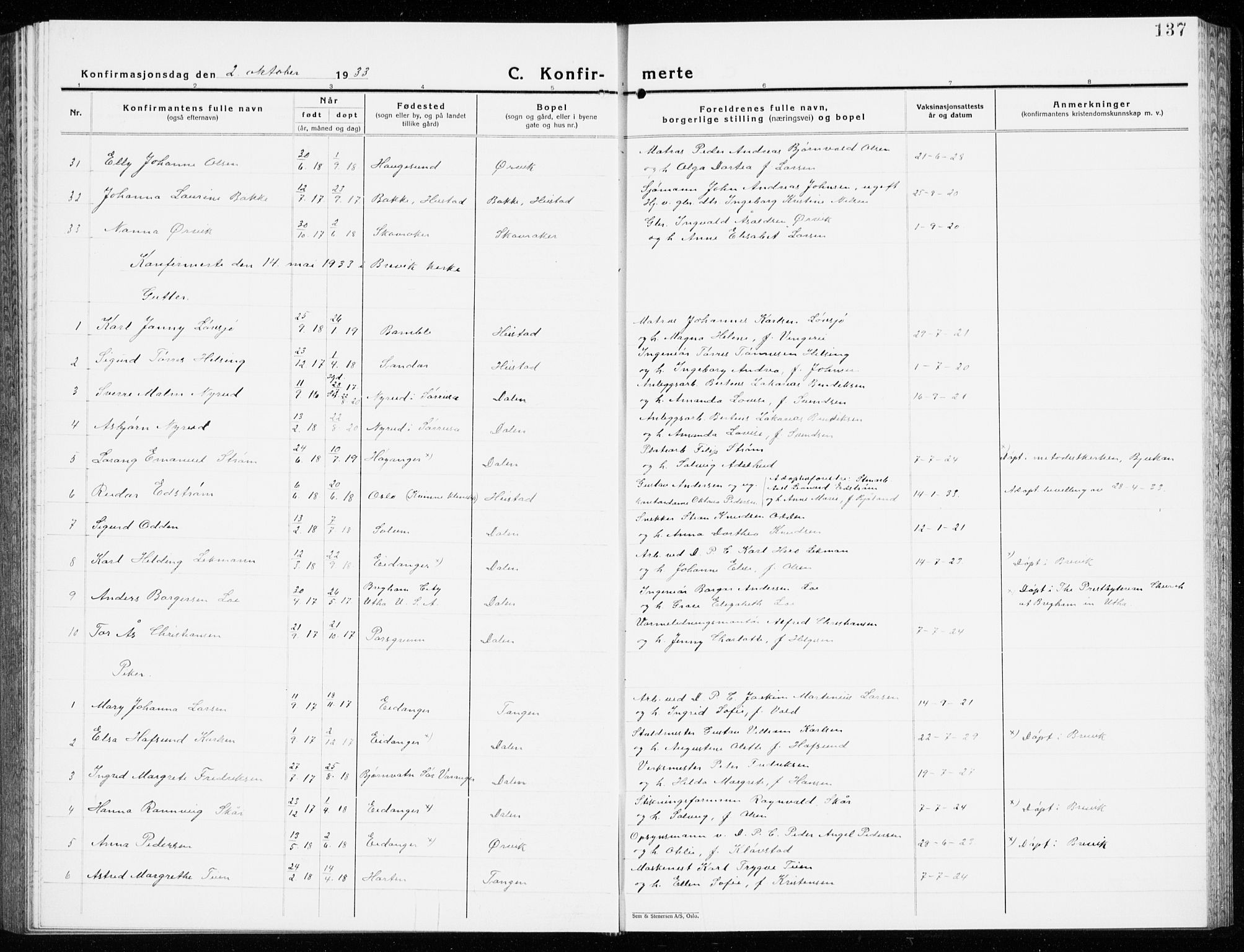 Eidanger kirkebøker, SAKO/A-261/G/Ga/L0005: Parish register (copy) no. 5, 1928-1942, p. 137