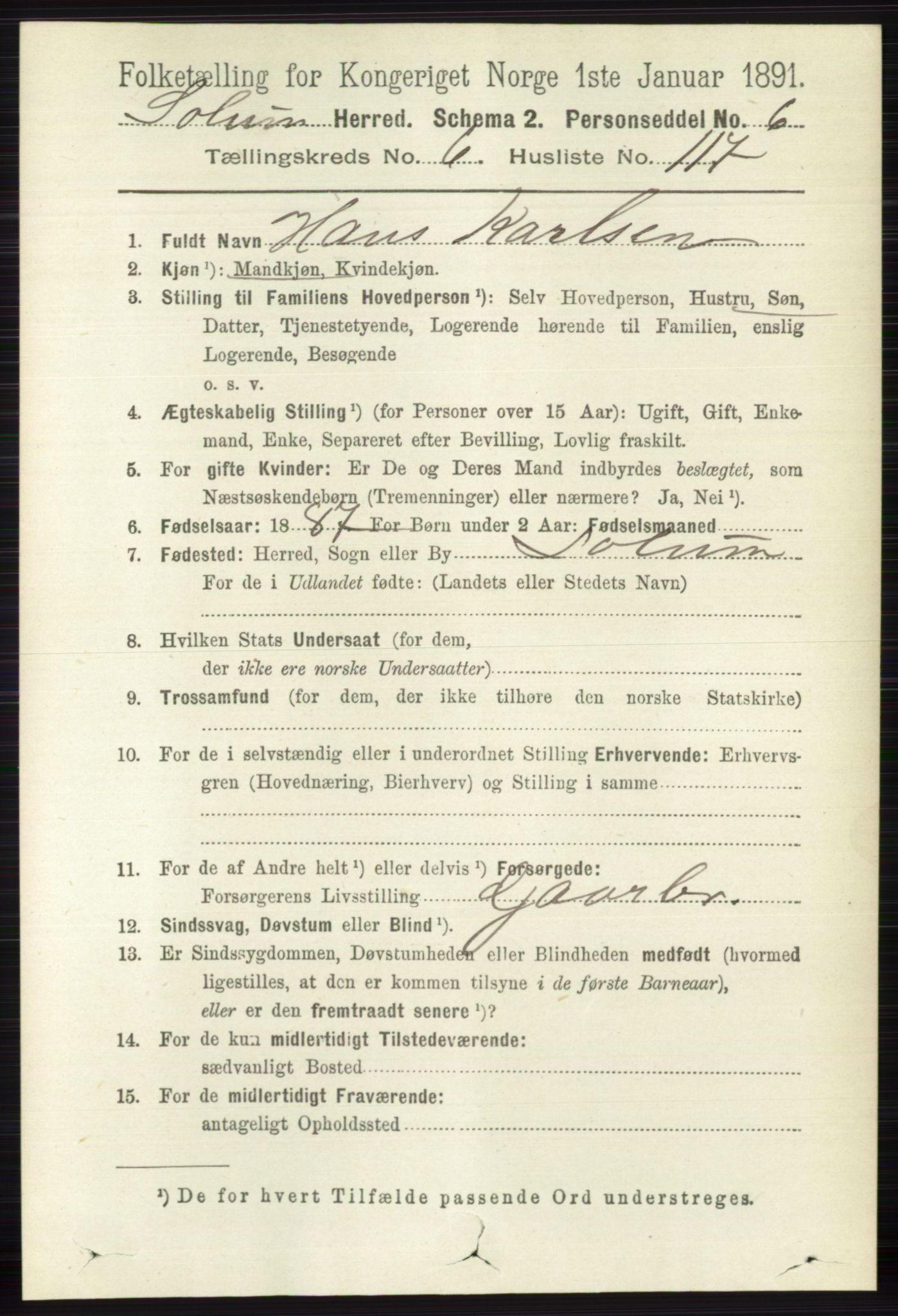 RA, 1891 census for 0818 Solum, 1891, p. 1838