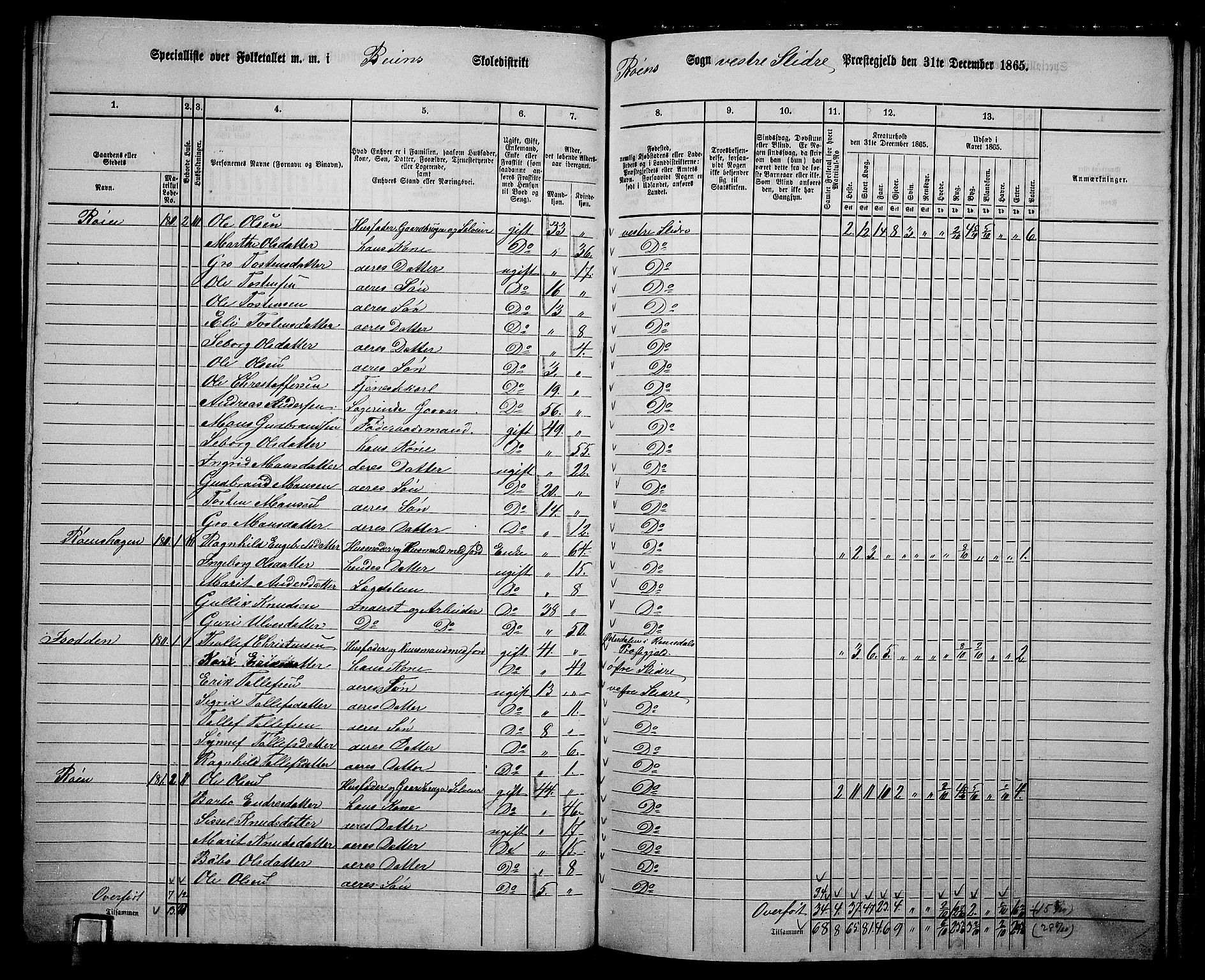 RA, 1865 census for Vestre Slidre, 1865, p. 94