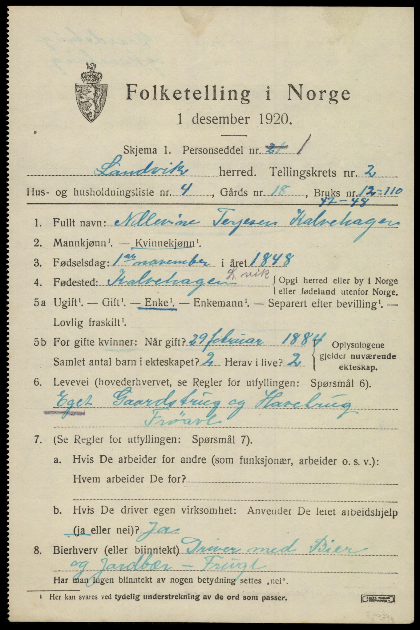 SAK, 1920 census for Landvik, 1920, p. 1812
