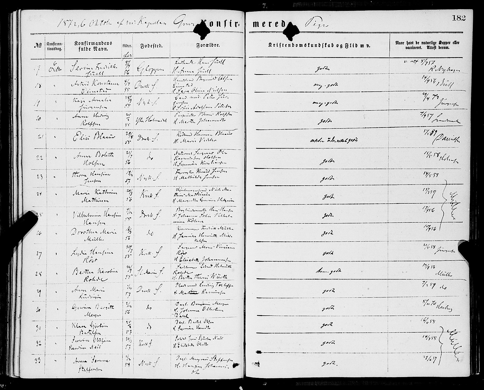 Domkirken sokneprestembete, AV/SAB-A-74801/H/Haa/L0029: Parish register (official) no. C 4, 1864-1879, p. 182