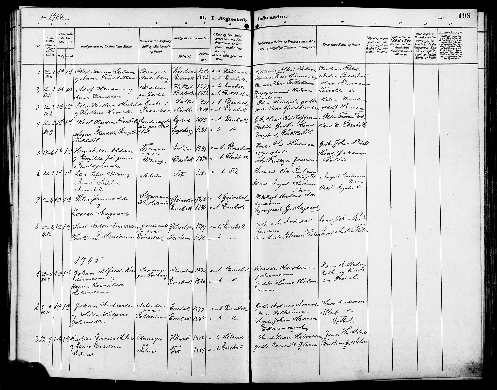 Enebakk prestekontor Kirkebøker, SAO/A-10171c/G/Ga/L0006: Parish register (copy) no. I 6, 1889-1911, p. 198