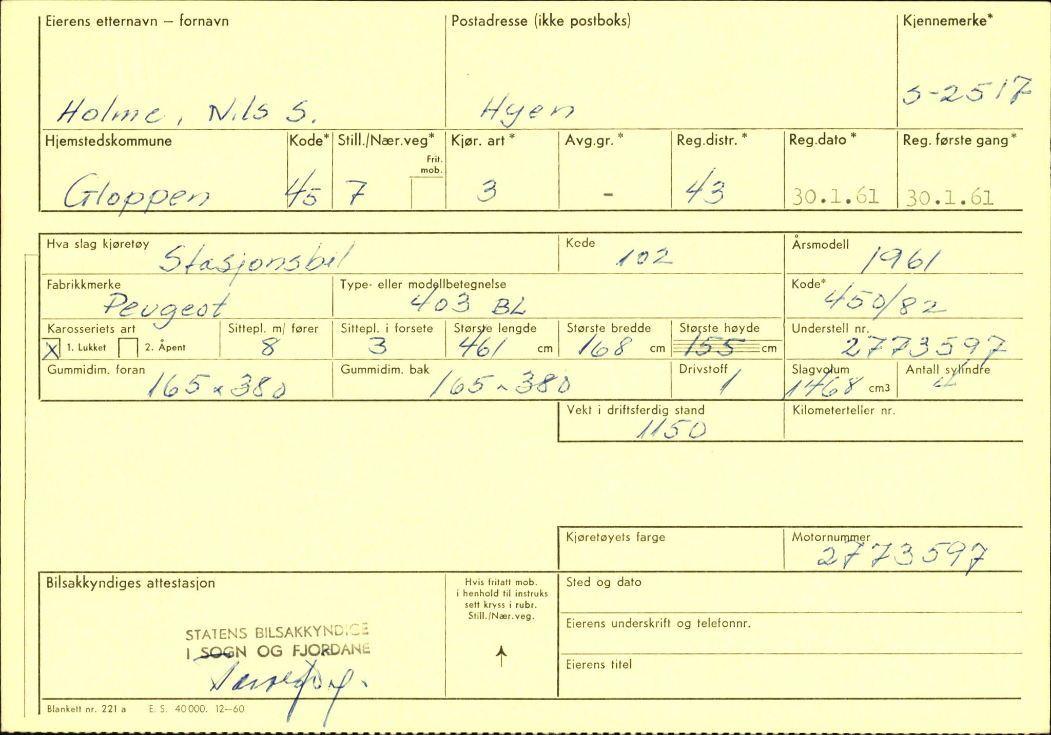 Statens vegvesen, Sogn og Fjordane vegkontor, AV/SAB-A-5301/4/F/L0004: Registerkort utmeldte Fjordane S2500-2700, S7200-7899, 1930-1961, p. 27