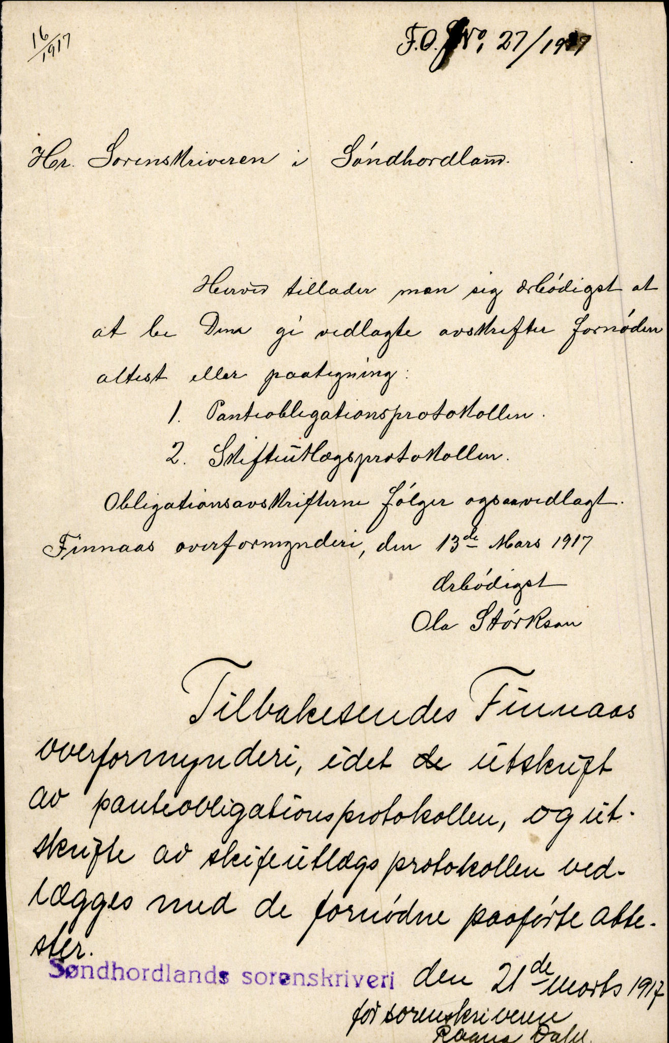 Finnaas kommune. Overformynderiet, IKAH/1218a-812/D/Da/Daa/L0003/0002: Kronologisk ordna korrespondanse / Kronologisk ordna korrespondanse, 1917-1919, p. 7