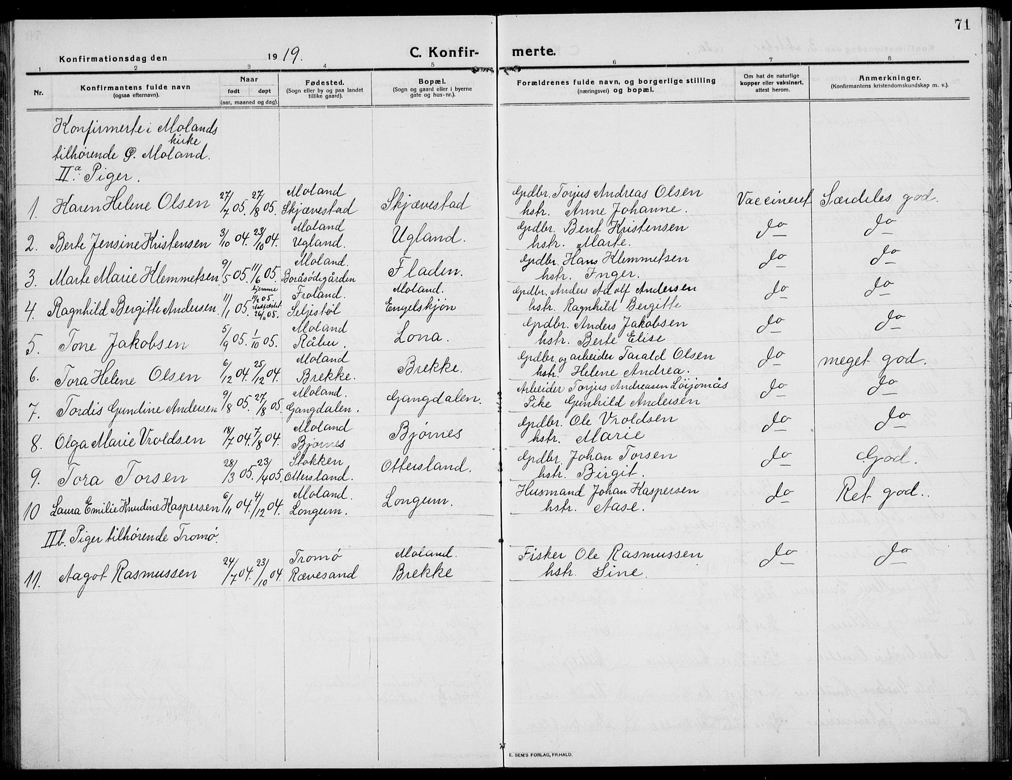 Austre Moland sokneprestkontor, AV/SAK-1111-0001/F/Fb/Fba/L0005: Parish register (copy) no. B 4b, 1914-1935, p. 71