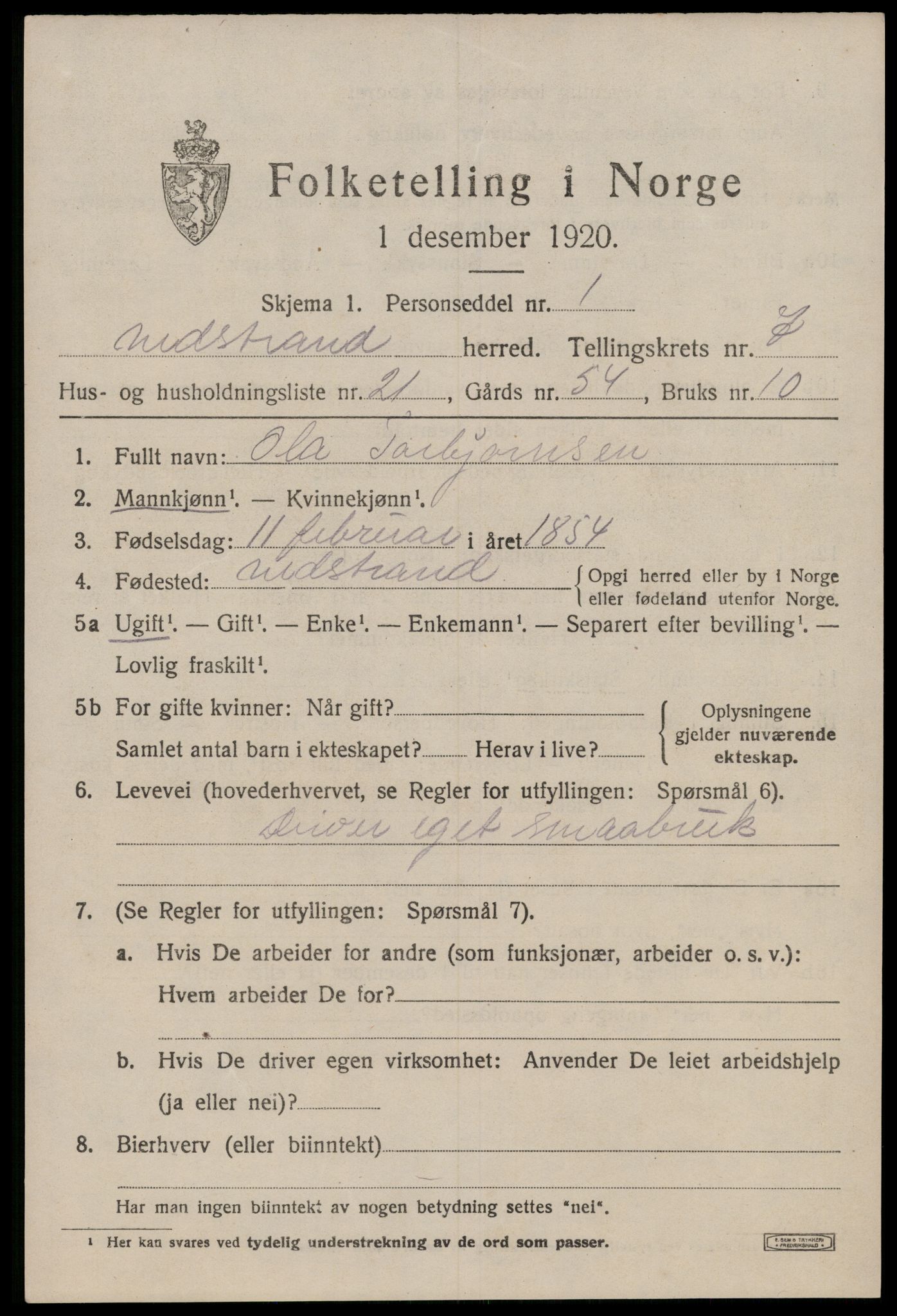 SAST, 1920 census for Nedstrand, 1920, p. 2765