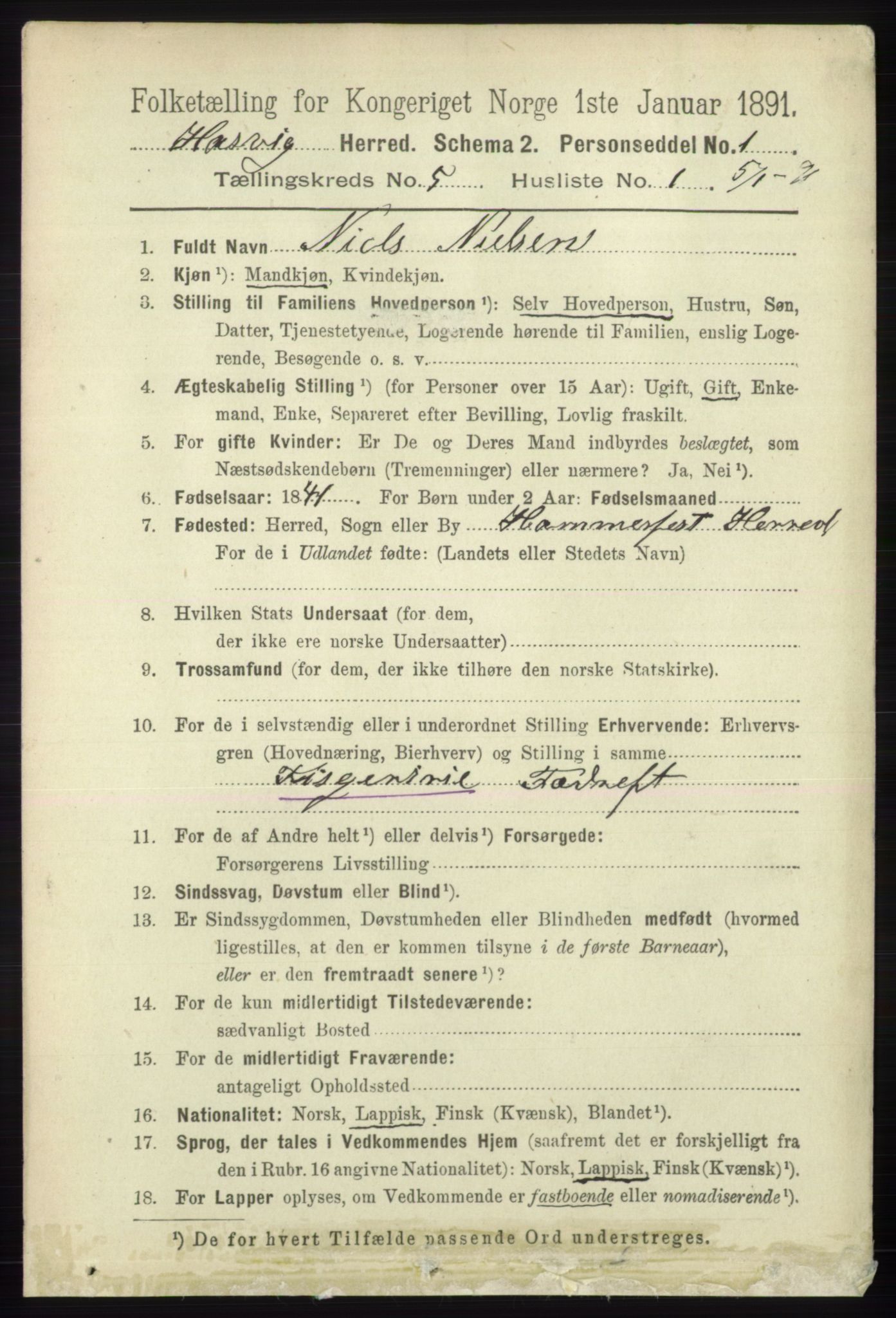 RA, 1891 census for 2015 Hasvik, 1891, p. 641