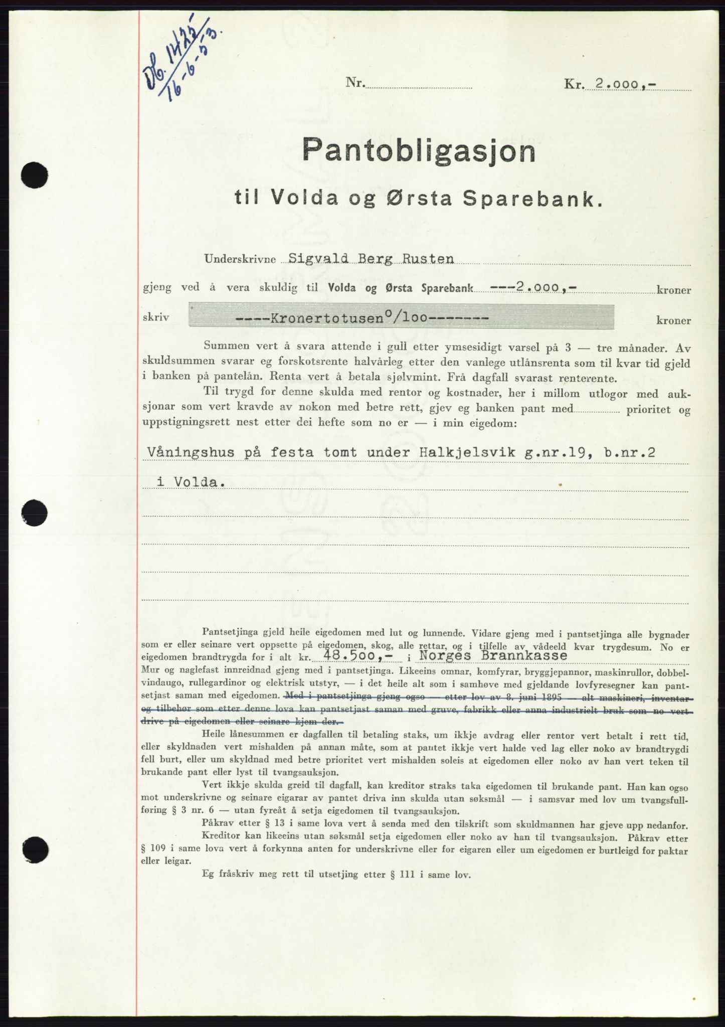 Søre Sunnmøre sorenskriveri, SAT/A-4122/1/2/2C/L0123: Mortgage book no. 11B, 1953-1953, Diary no: : 1425/1953