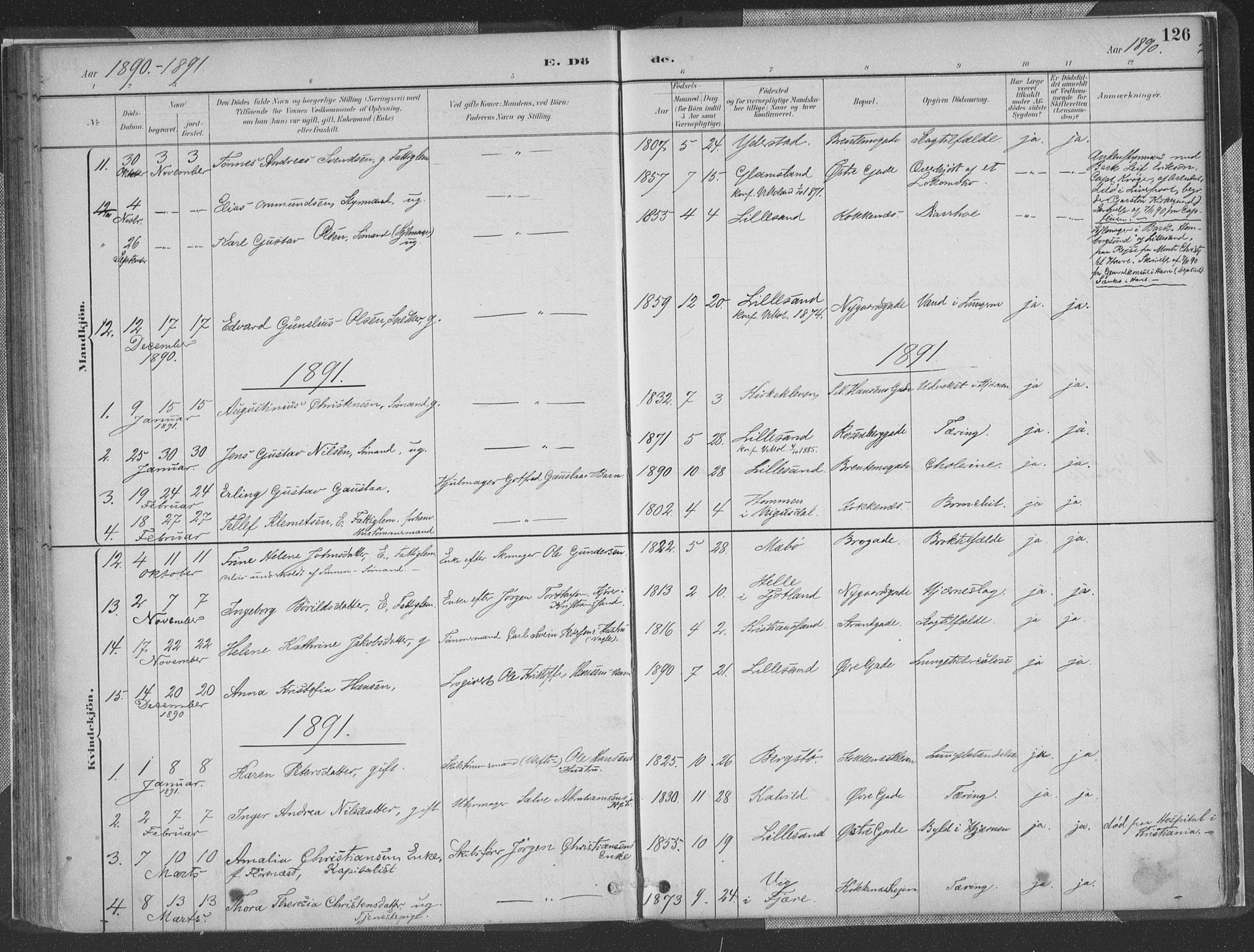 Vestre Moland sokneprestkontor, AV/SAK-1111-0046/F/Fa/Faa/L0001: Parish register (official) no. A 1, 1884-1899, p. 126